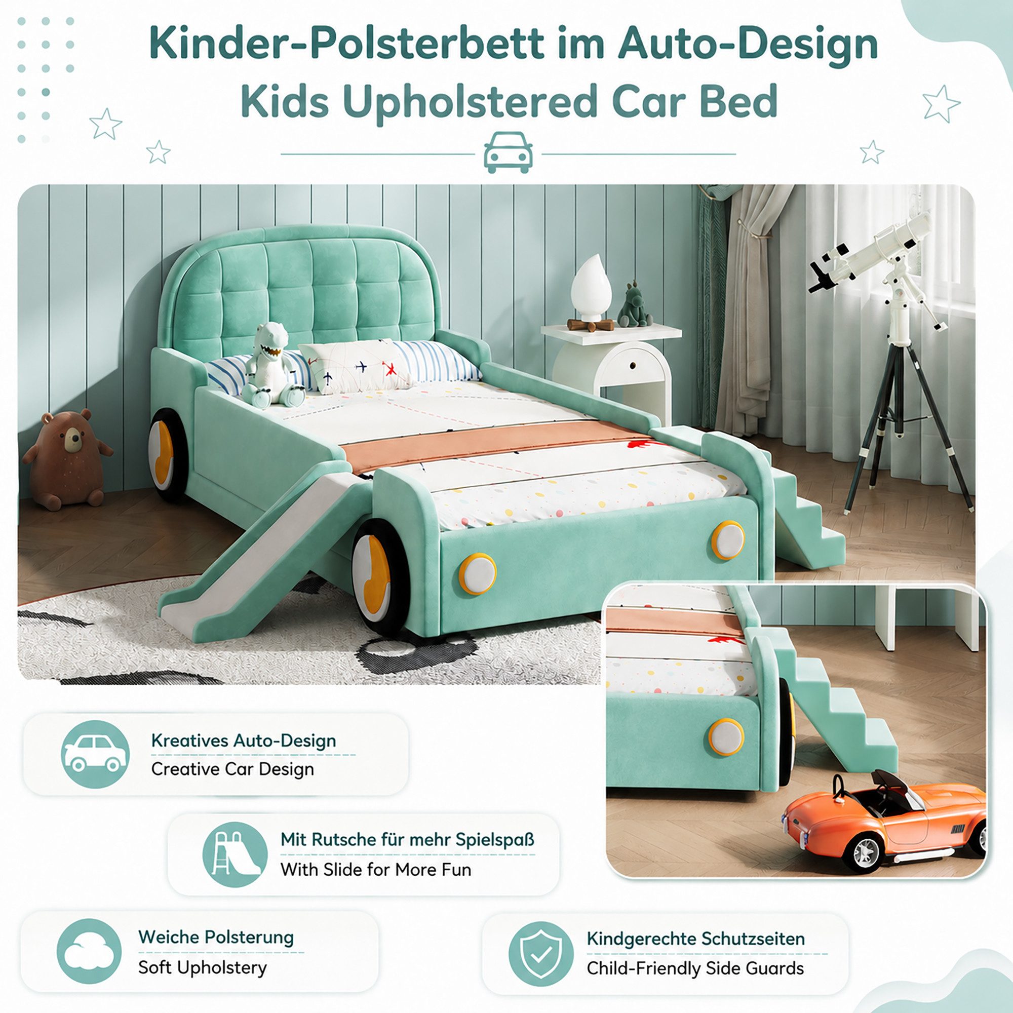 STILVORA Polsterbett 90×200 mit Lattenrost Kinderbett Funktionbett, ohne Matratze (Autobett, mit Rutsche,Seitenschutz, gepolstert, Flexible Montage, niedrige Bauweise, Komfort), für Kinderzimmer, Jugendzimmer, Spielzimmer