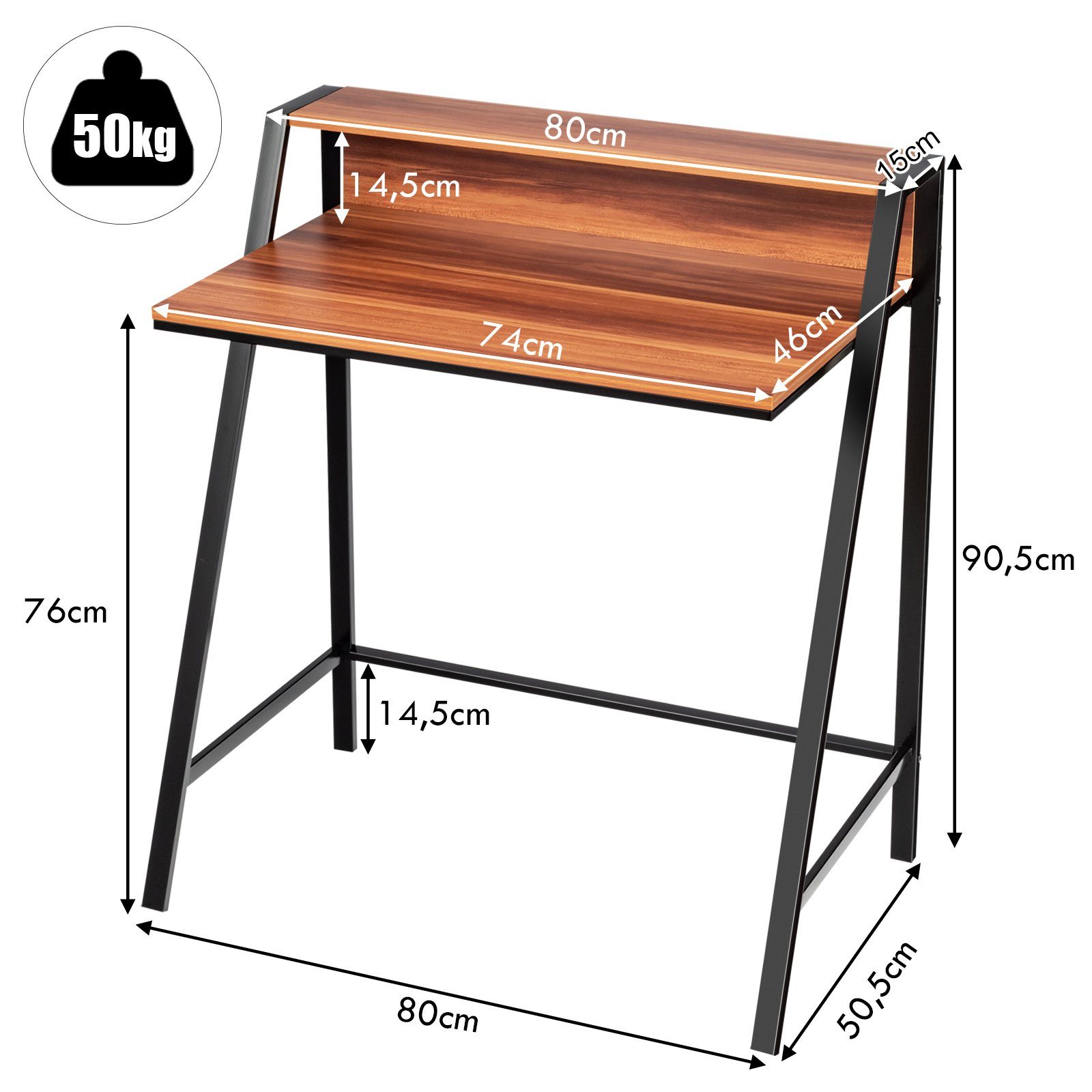 Schreibtisch, förmig, 2-stöckig, Metallrahmen, Braun 80x50,5x90,5cm COSTWAY Z