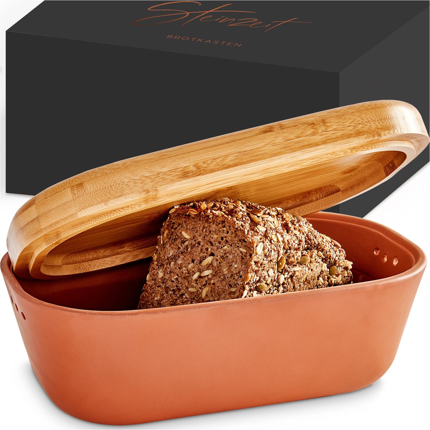 Steinzeit Brotkasten - Brotbox aus atmungsaktivem Ton – Keramik mit edlem Bambusdeckel, Keramik, platzsparend - natürliche Materialien