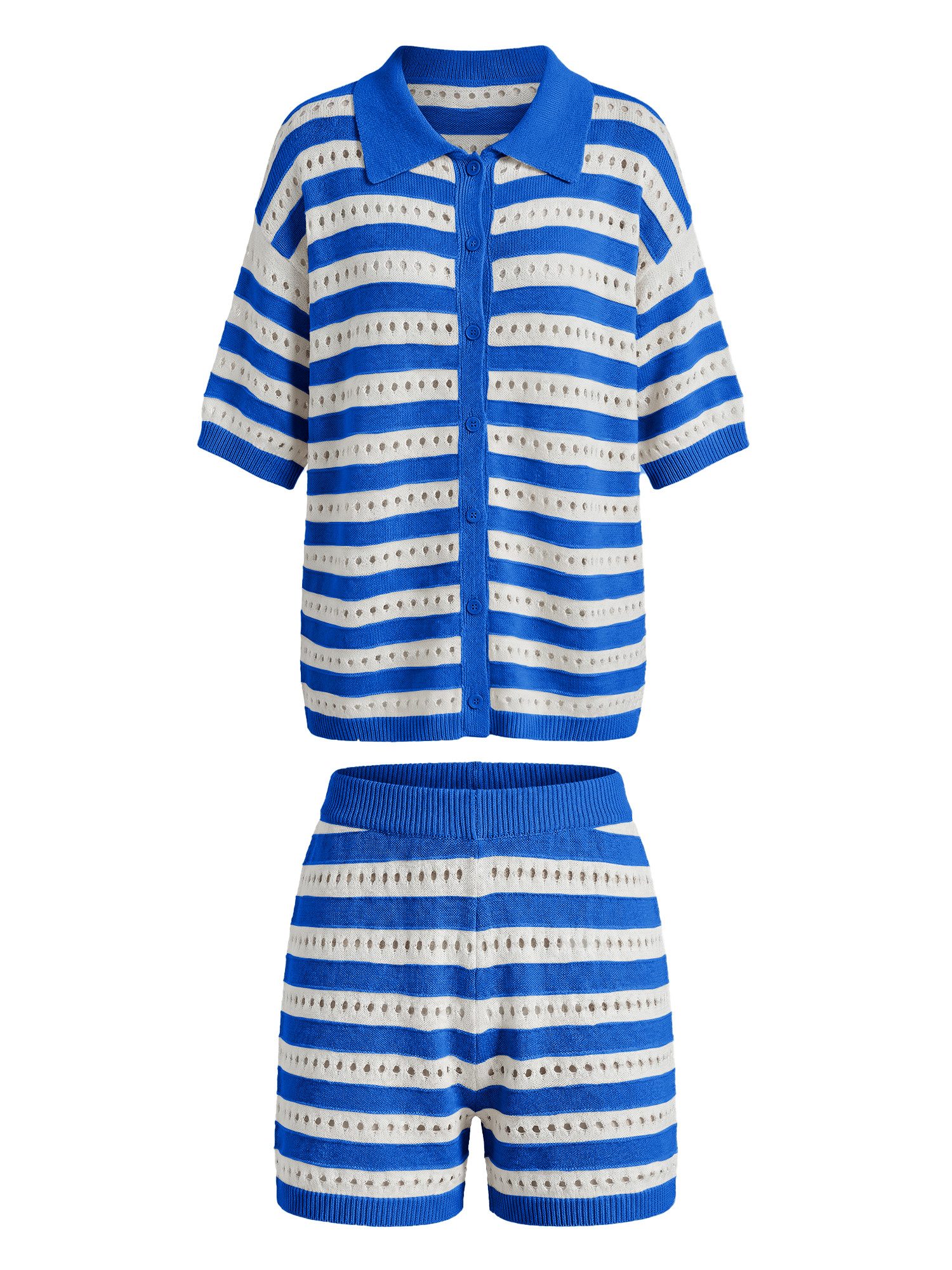 Imily Bela Hausanzug Damen Sommerliche 2-teilige Outfits (Set, 2 tlg., Strickhemd mit kurzen Ärmeln und Knöpfen + Shorts) Streifen