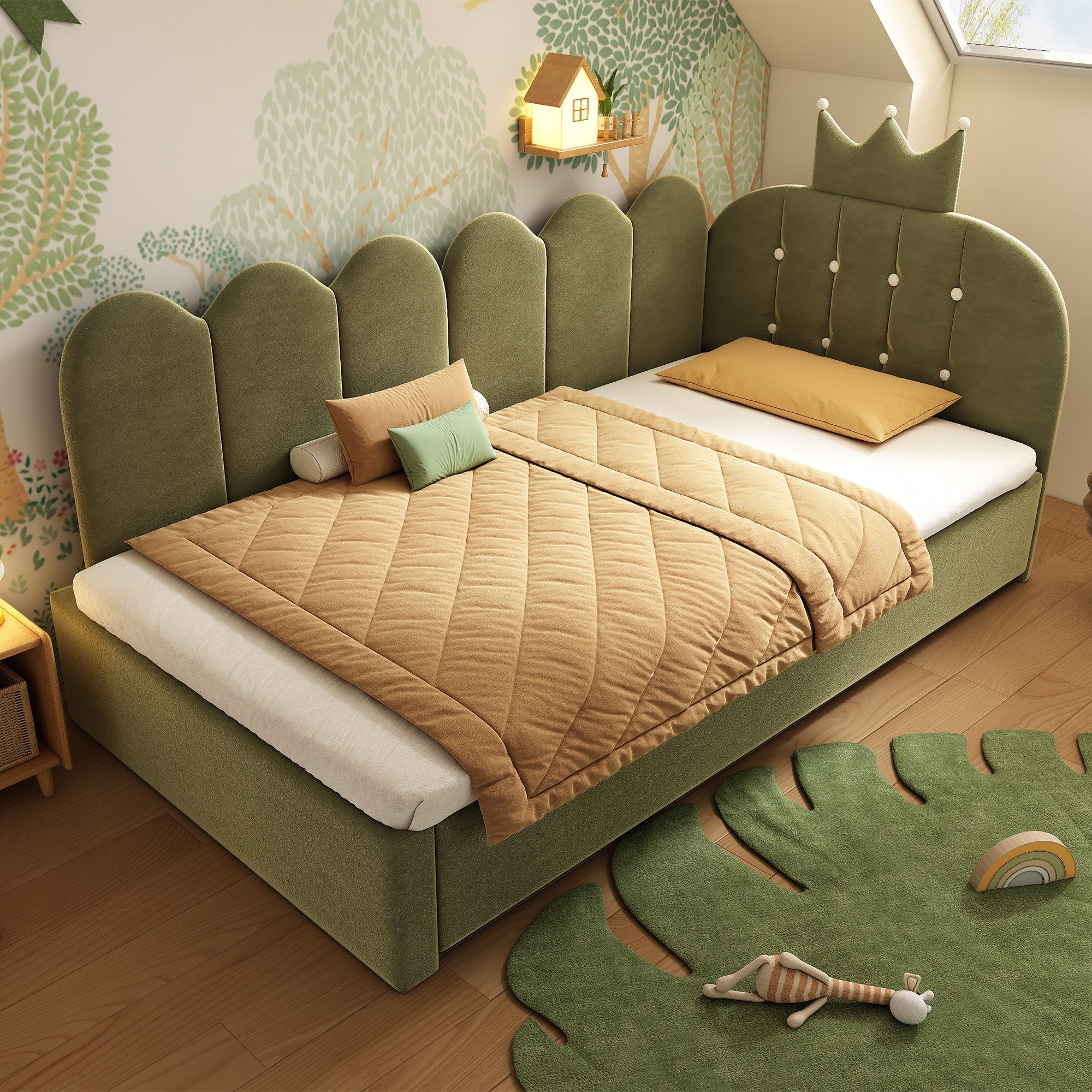 Celya Daybett Polsterbett 90x200 cm mit Ausziehbett (L-Form, Samt, ohne Matratze), platzsparend für Kinderzimmer, Gästezimmer