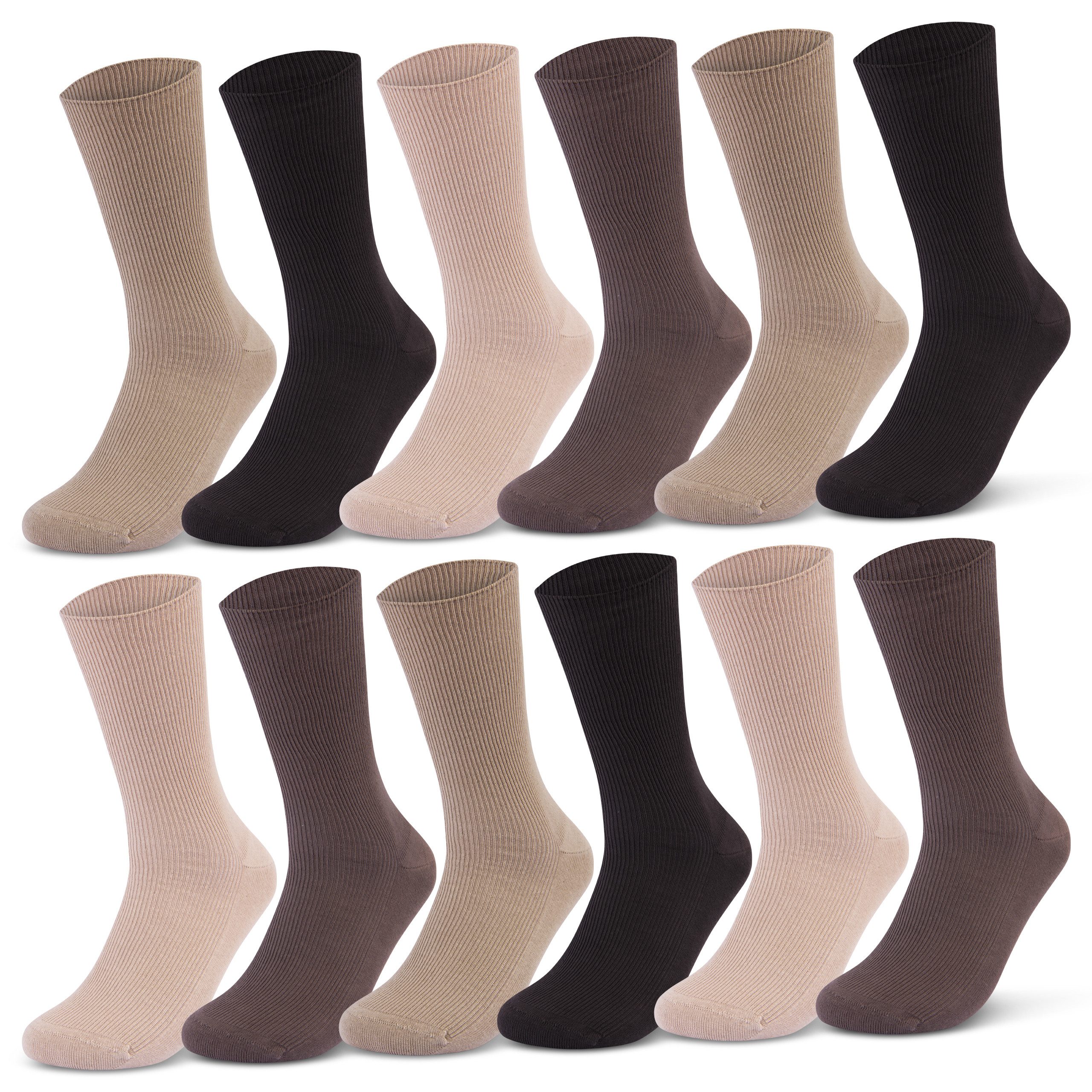 sockenkauf24 Diabetikersocken 12 Paar Damen & Herren Socken ohne Bund (Beige/Braun, 39-42) 100% Baumwolle ohne Naht 11000