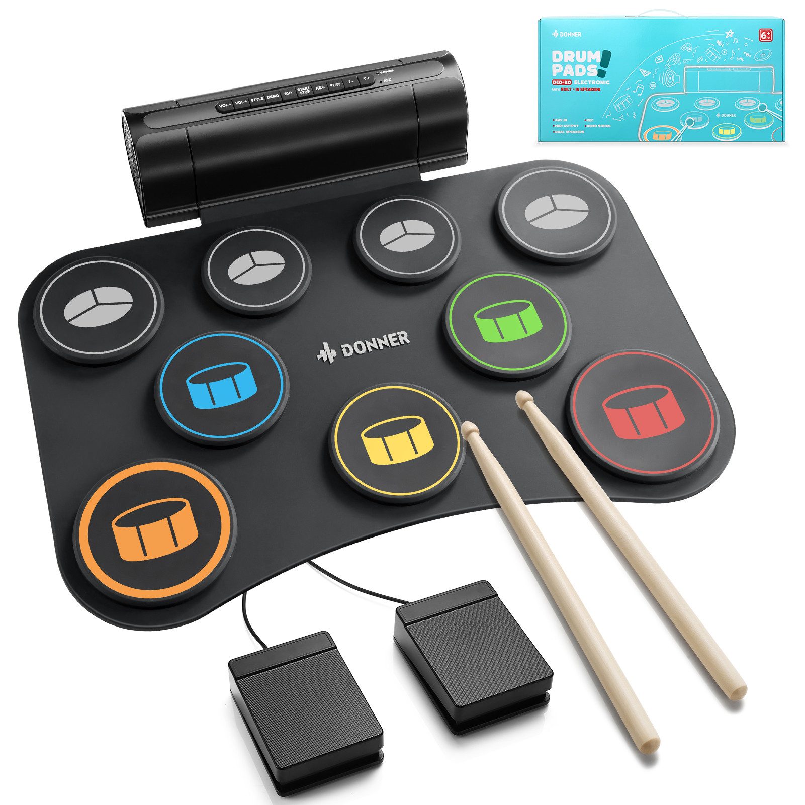 Donner E-Drum Elektrisches Drumpad Elektronisches Drumset mit 9 Pads DED-20(SE),Set, Netzteil USB-Datenkabel 3,5-mm-Audiosticks 2 Pedale, Eingebauter Lautsprecher Aufrollbares,unterstützt Kopfhöreranschluss