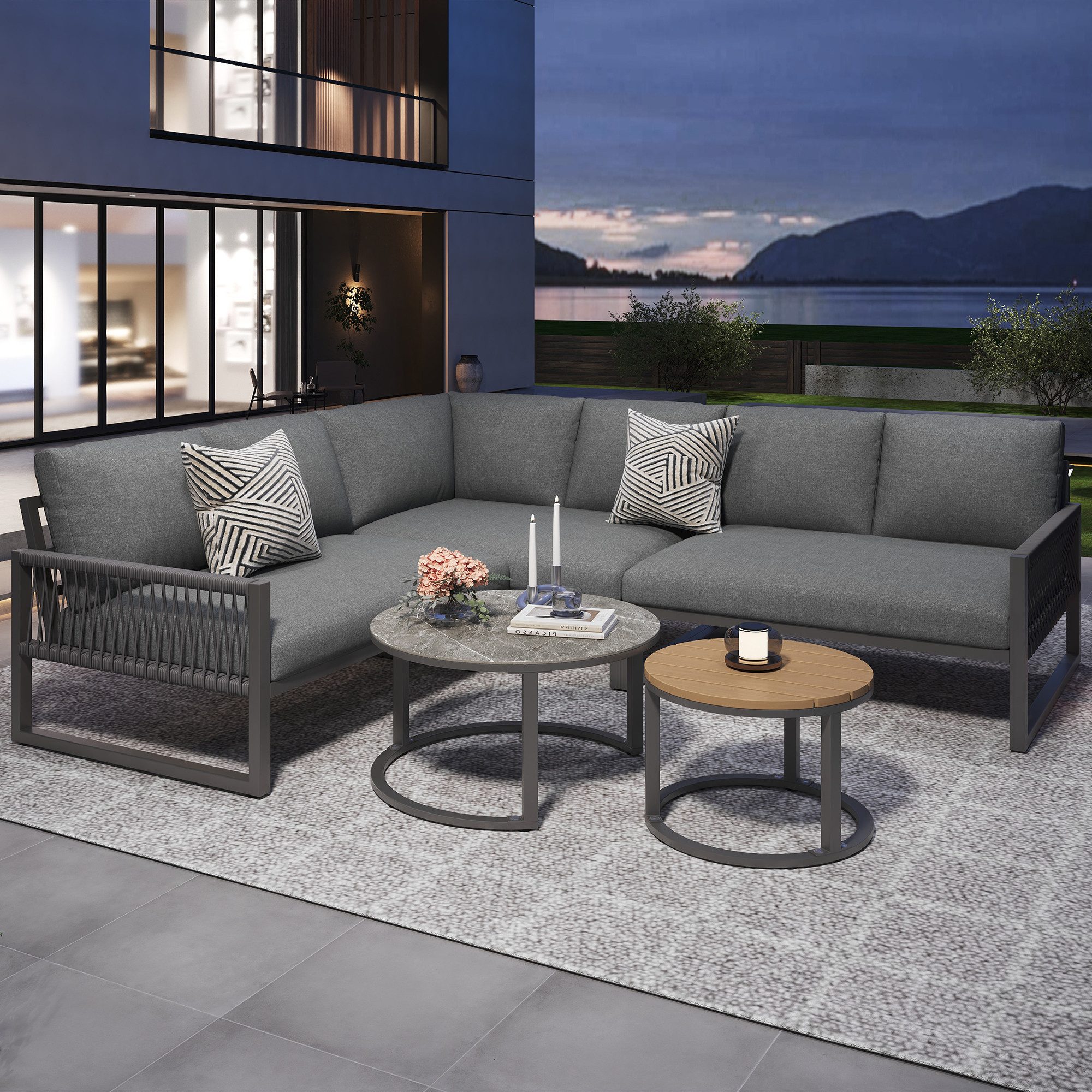 Flieks Gartenlounge-Set, 6-Sitzer Gartenmöbel Ecksofa aus Seil, 2-Sitzer-Sofa*3 + Couchtisch*2