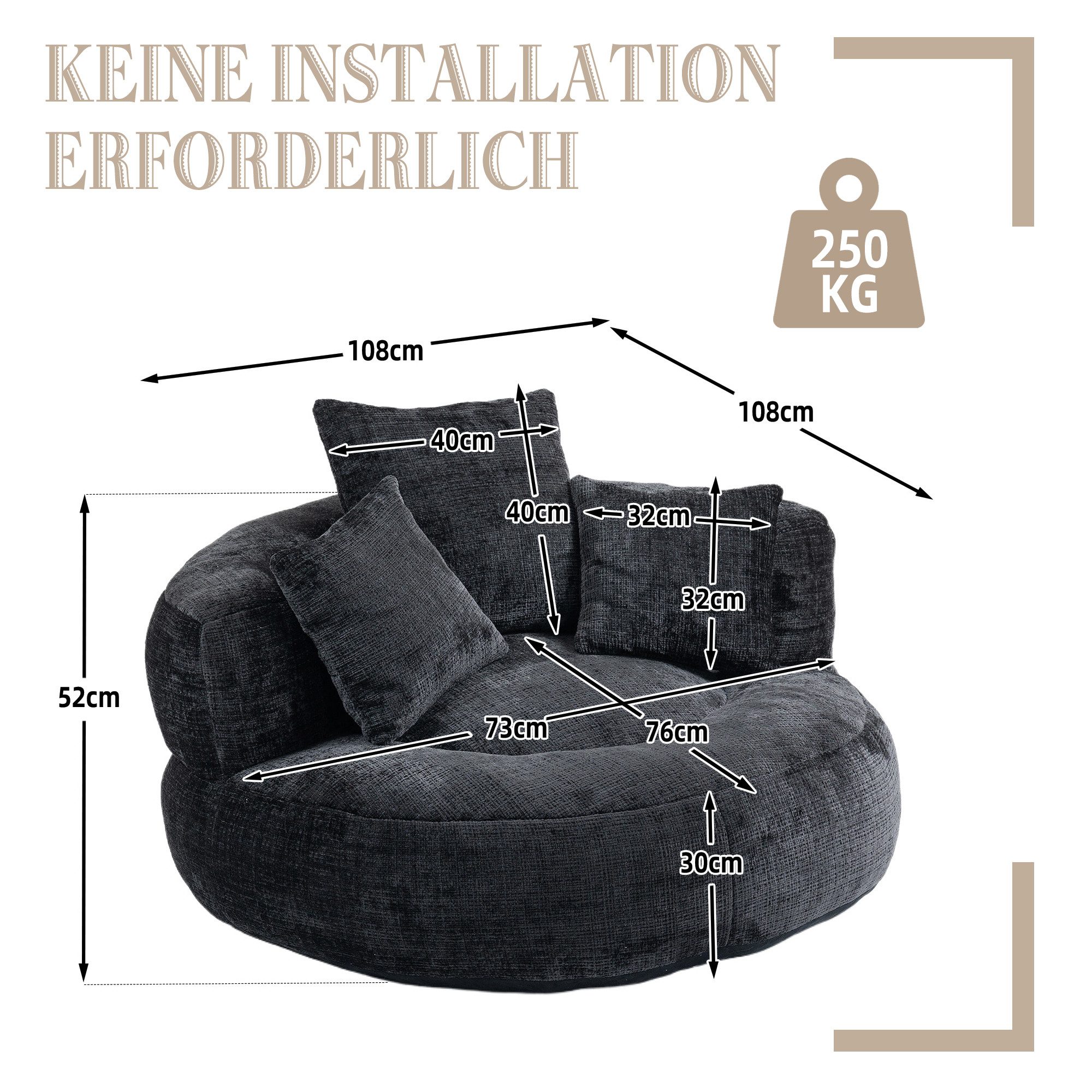 PXloue Schlafsofa Extrabreit Lazy Sofa Gaming Sofa Sitzsack Relaxsessel mit 3 Kissen, Couch für Erwachsene und Kinder, für Schlafzimmer und Büro