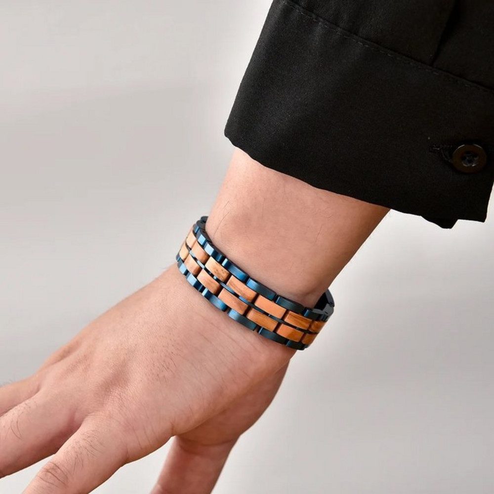 Holztick Bavaria Gliederarmband Zen, edles Armband aus Olivenholz und blauem Edelstahl