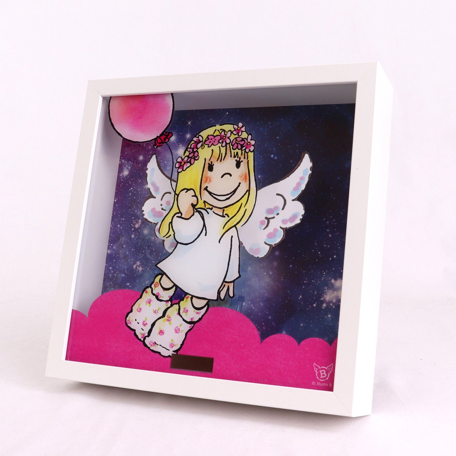queence Bild mit Rahmen 3D Bild mit Wackelflügeln - Solarbetrieben-Engel-Flügel bewegen sich, Schutzengel (1 St), 27x27x5 cm - Geschenk - Taufe - Geburt - Flügel bewegen sich
