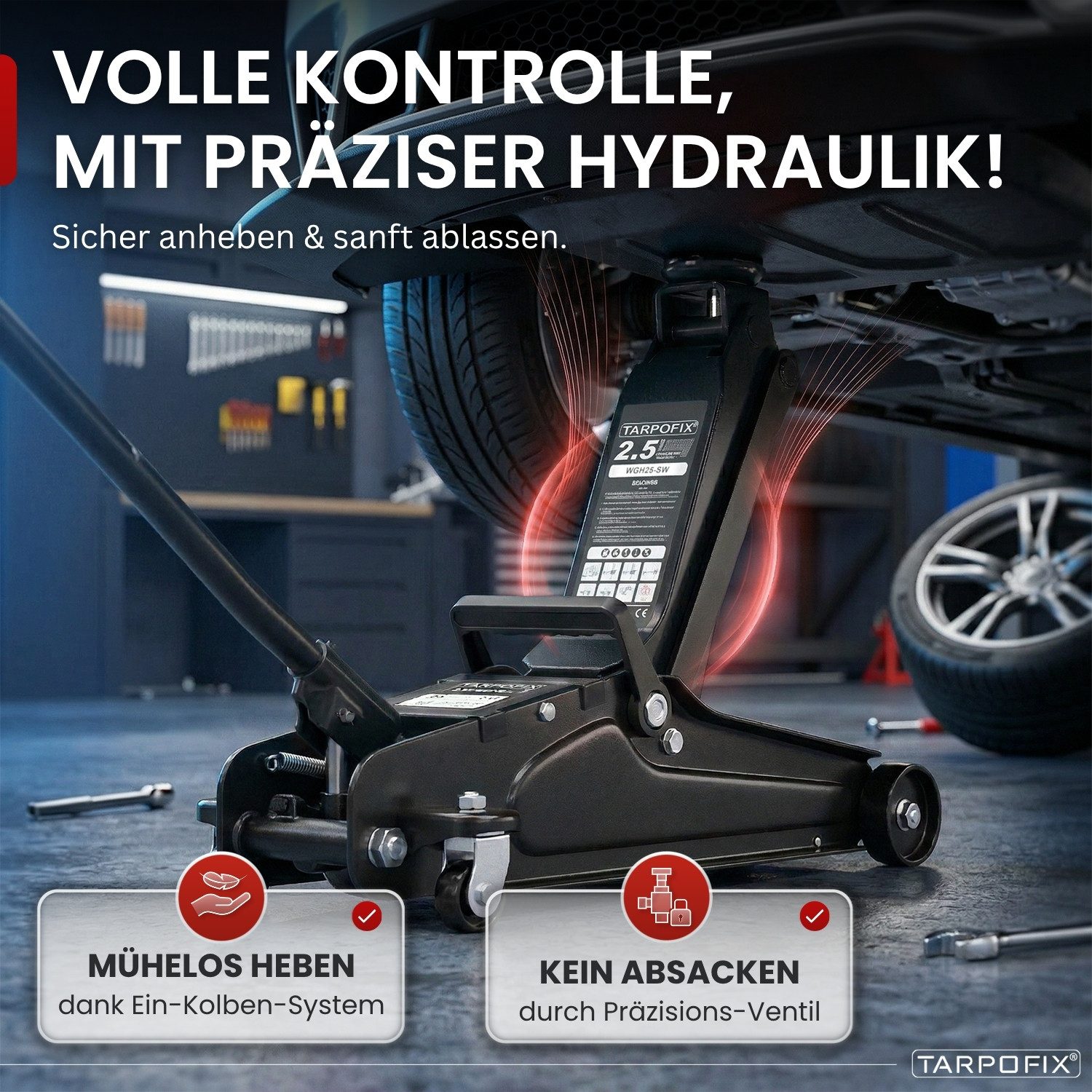 Tarpofix® Wagenheber Hydraulischer Wagenheber 2,5t flach für PKW SUV mit Koffer, max. Hubhöhe: 38 cm, Schwarz: Flacher Auto Wagenheber 2,5t in Schwarz mit Koffer