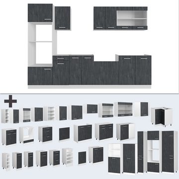 Livinity® Küchenzeile R-Line, Schwarz Beton/Weiß, 300 cm ohne Arbeitsplatte