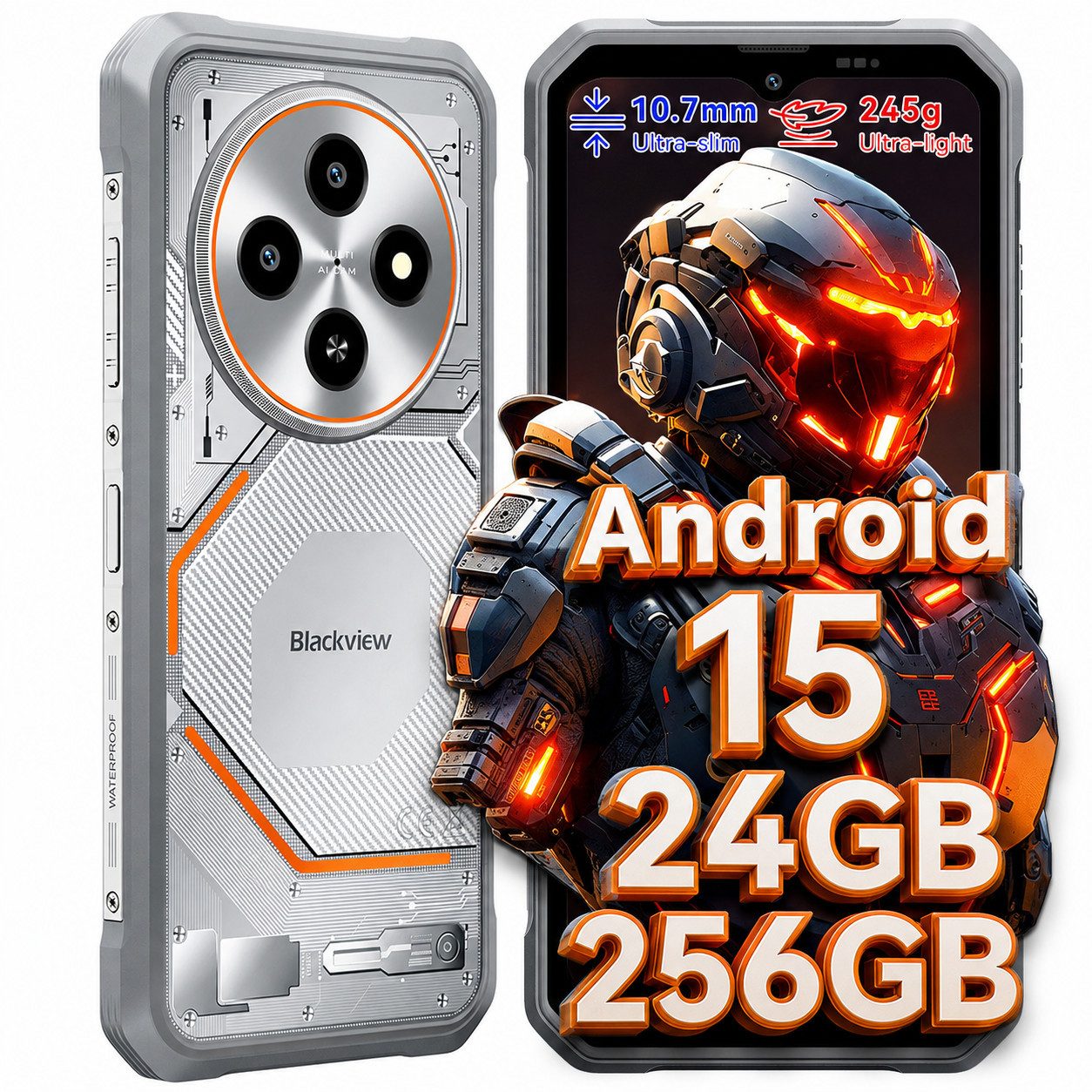 blackview Outdoorhandy (10,7 mm), 3 KI-Modelle, mit Hülle, sehr dünn Smartphone (6.56 Zoll, 256 GB Speicherplatz, DokeOS 5.0, Android 15, 24GB, 16MP, 5W OTG)