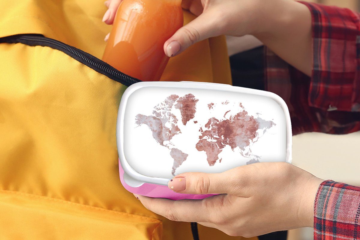 Brotbox Lunchbox Kunststoff Brotdose Rot, Erwachsene, Kunststoff, Marmor Mädchen, Weltkarte rosa für (2-tlg), - Kinder, Snackbox, MuchoWow -