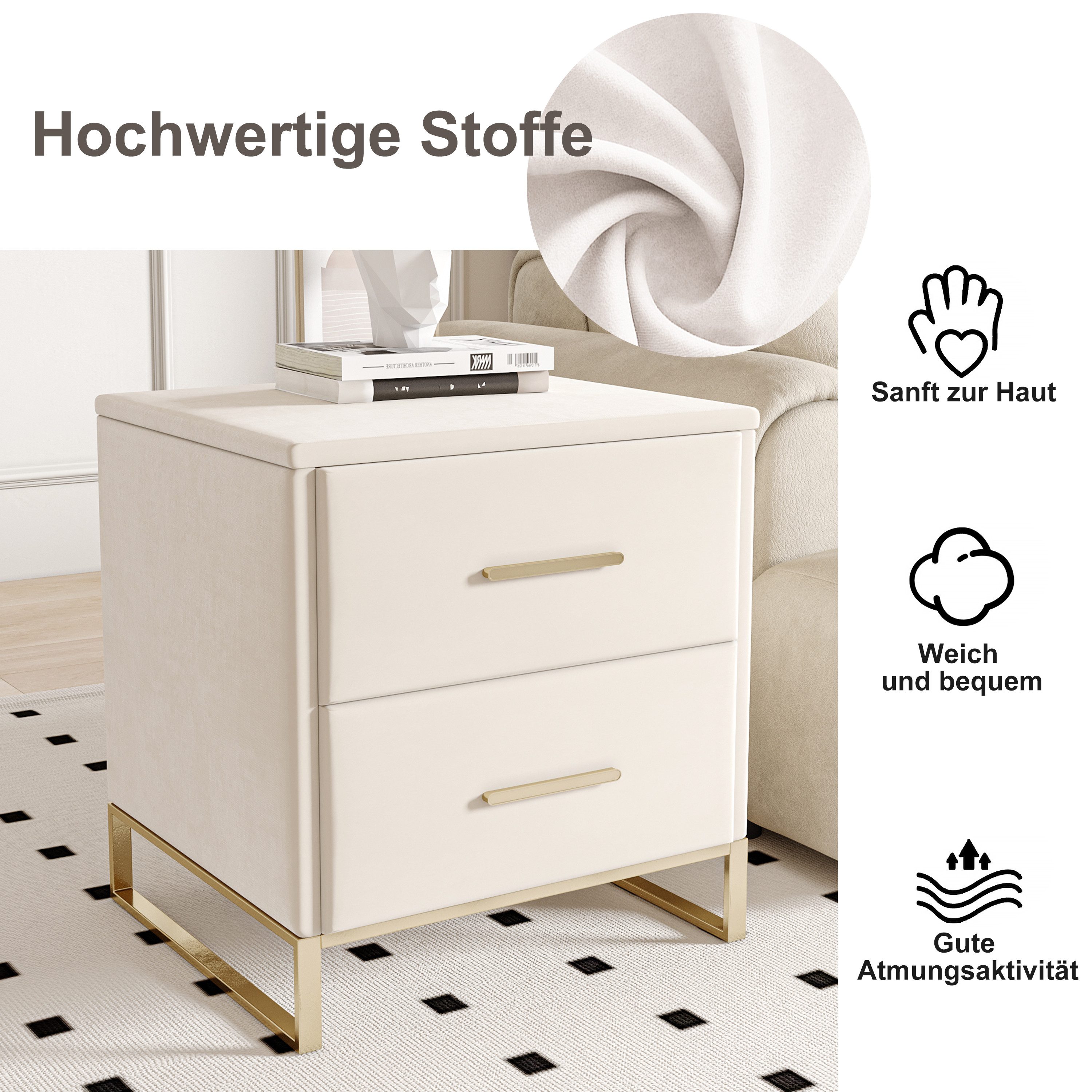 Yelenaro Nachttisch Nachtschrank mit 2 Schubladen (Set, 2-St), 40x40x50 cm,2er-Packung,Metallgriffe und Stützbeine,Samt,Beige – Bild 4 von 5
