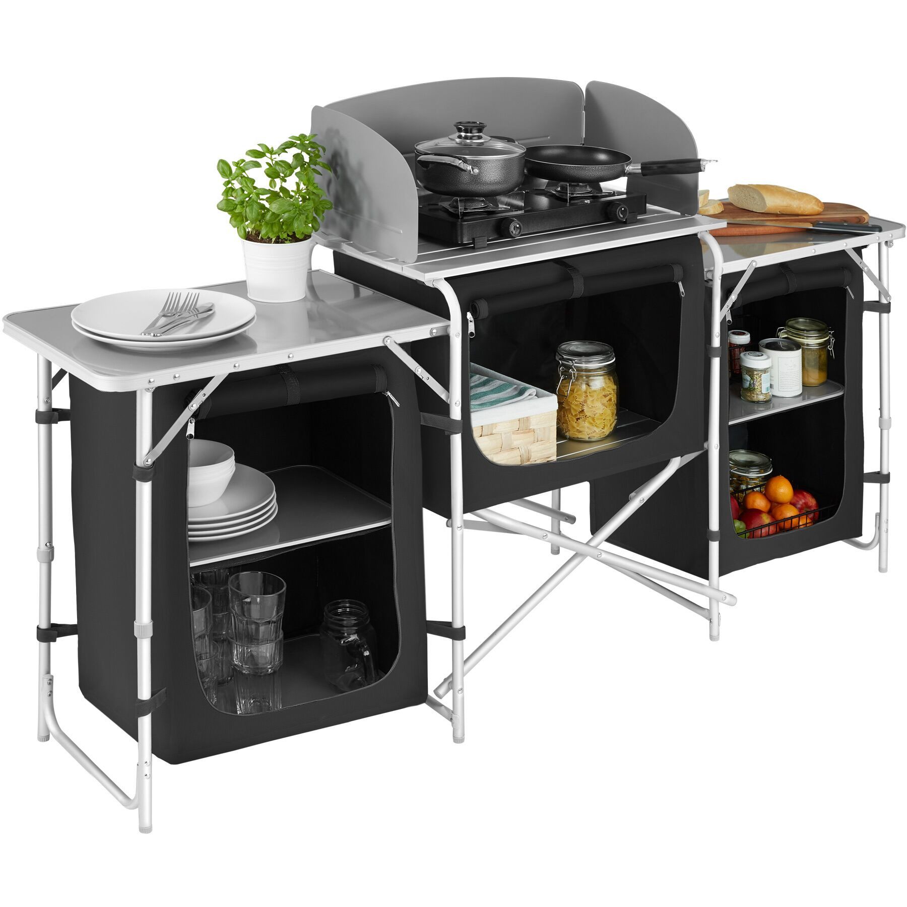 tectake Campingtisch Outdoor Küchenzeile XXL wetterfest faltbar viel Stauraum Windschutz (Faltbare Campingküche, 1-St., in Schwarz), Aluminiumgestell mit höhenverstellbaren Füßen und Arbeitsplatte