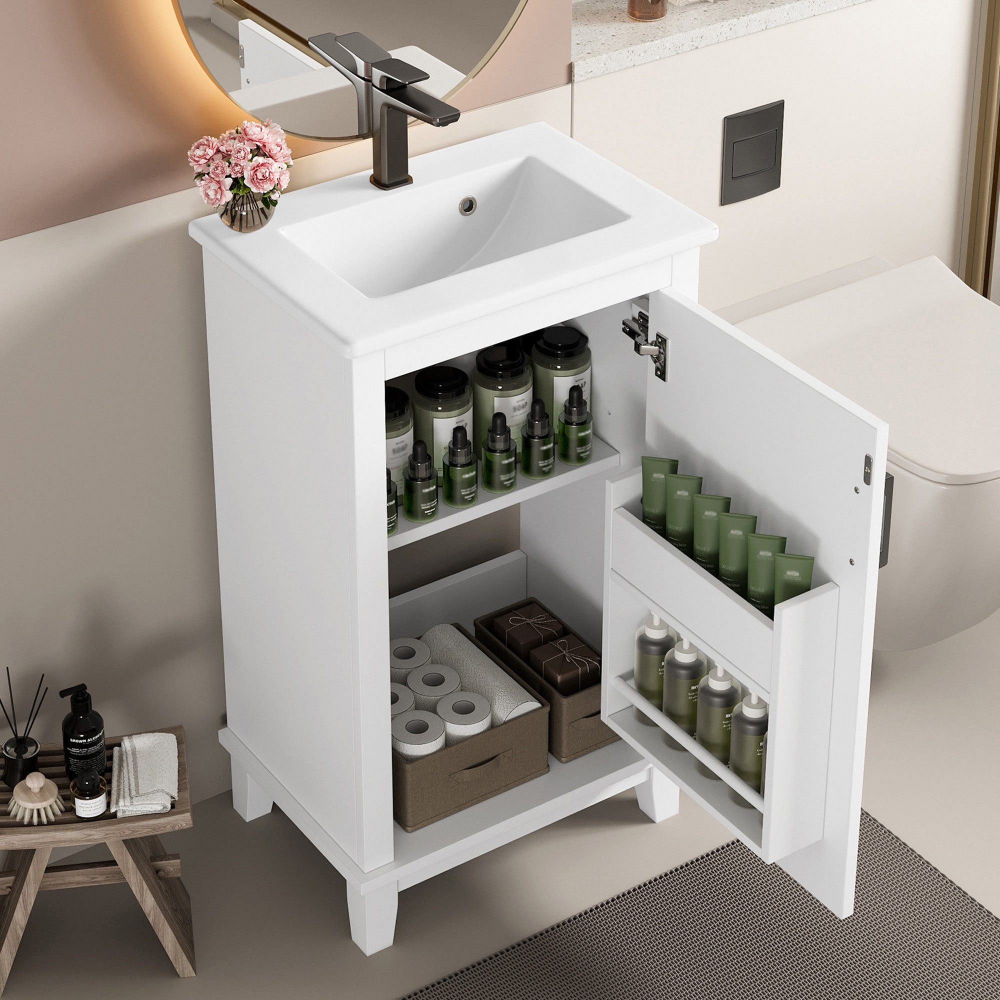IDEASY Waschbecken Badschrank weiß 51x34x83cm mit Keramikwaschbecken & Regalen