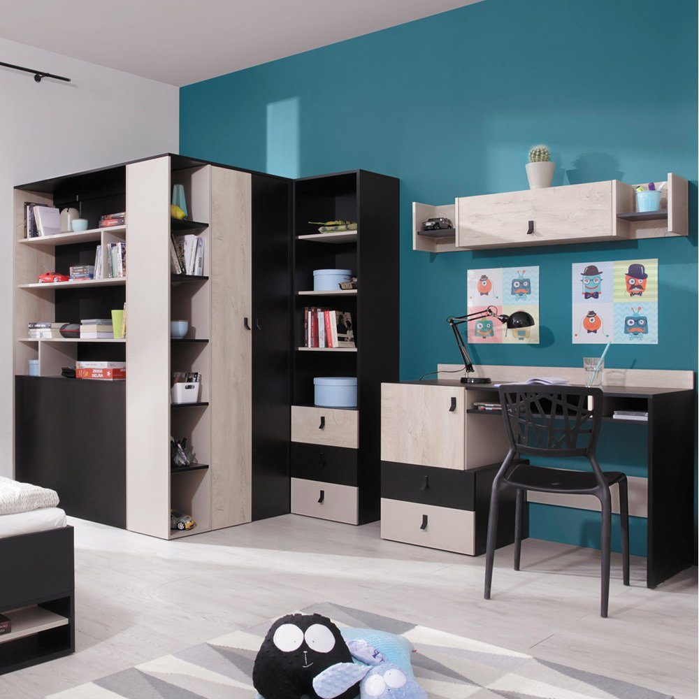 Lomadox Jugendzimmer-Set PITTSBURGH-133, (Sparset, 4-tlg), mit begehbarem Kleiderschrank und Schreibtisch, schwarz/Eiche/beige