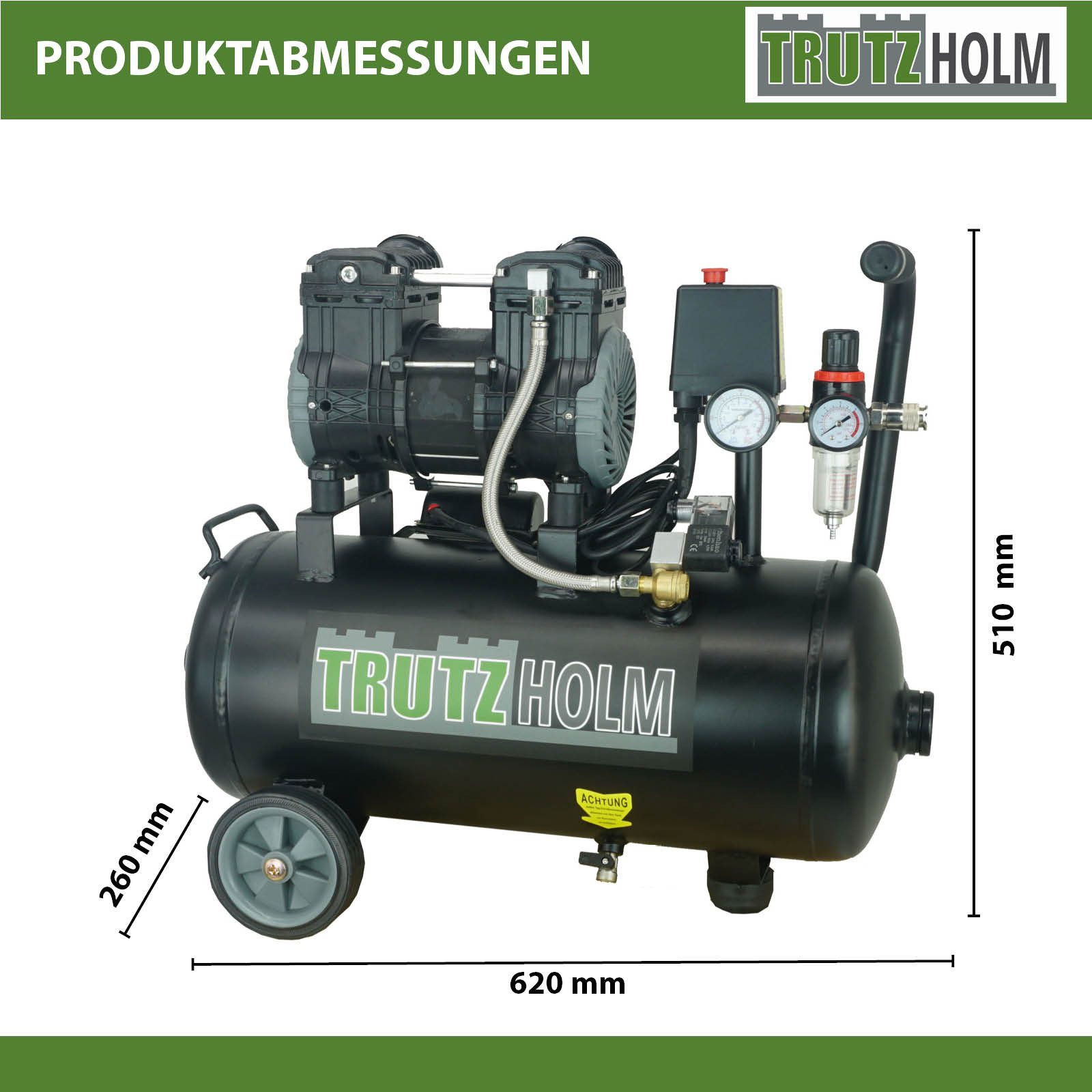 TRUTZHOLM Kompressor Brushless Silent Flüsterkompressor 24L Kompressor 900 W, 62dB, 8 bar, max. 8 bar, 24 l, Komplett-Set