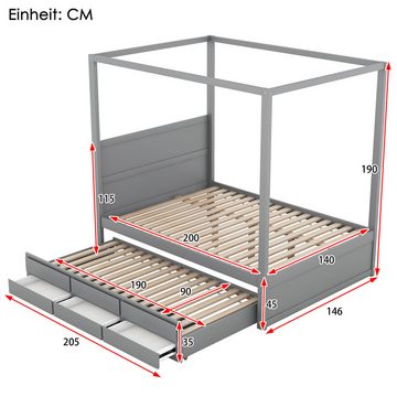 Welikera Himmelbett 140x200cm Himmelbett mit ausziehbarem Einzelbett,drei Ablagefächern, Holzbett,Palettenbett,Grau/Weiss, Stauraumbett