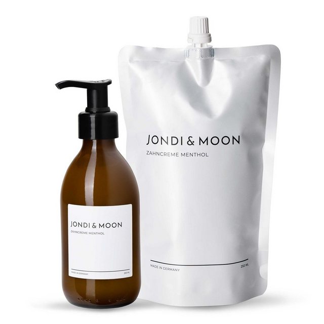 JONDI&MOON Zahnpasta Zahncreme Menthol 250ml, Nachfüllbare Zahncreme mit Fluorid, (ohne Parabene, PEG’s oder Triclosane, kein Mikroplastik) Die erste nachfüllbare Zahn-Creme im recycelten Glasspender