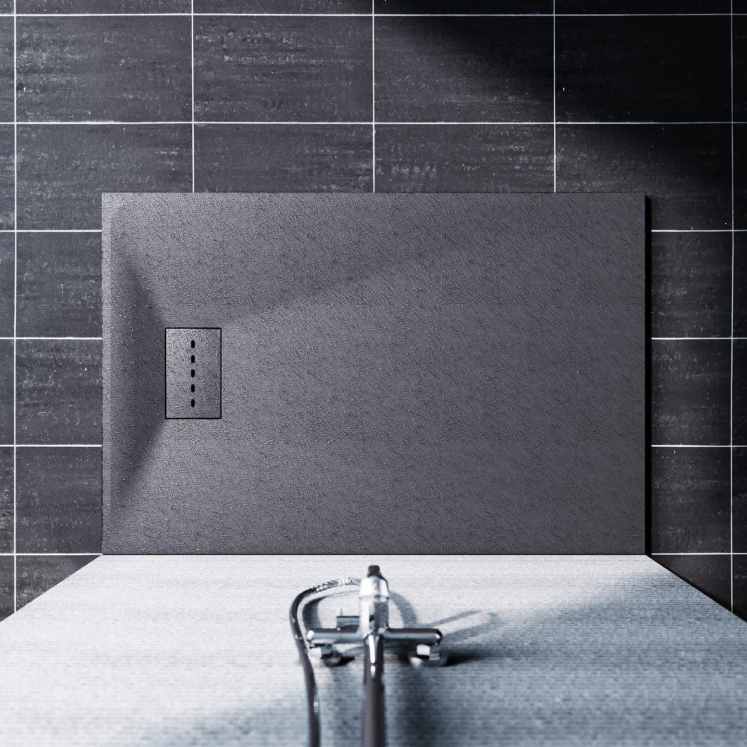 SONNI Duschwanne Schieferoptik,Rutschfeste Struktur,Schwarz/Grau Duschtasse flach, rechteckig, SMC, Inklusive Siphon,mit Ablaufgarnitur