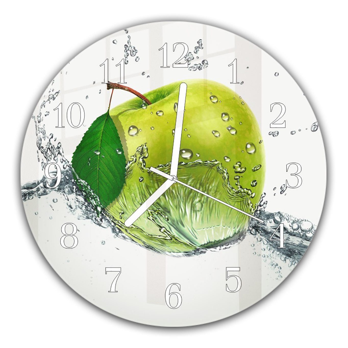 Primedeco Wanduhr Wanduhr aus Glas mit Motiv Apfel im Wasser Splash - Rund mit Durchmesser 30 cm und Quarzuhrwerk | Wanduhren