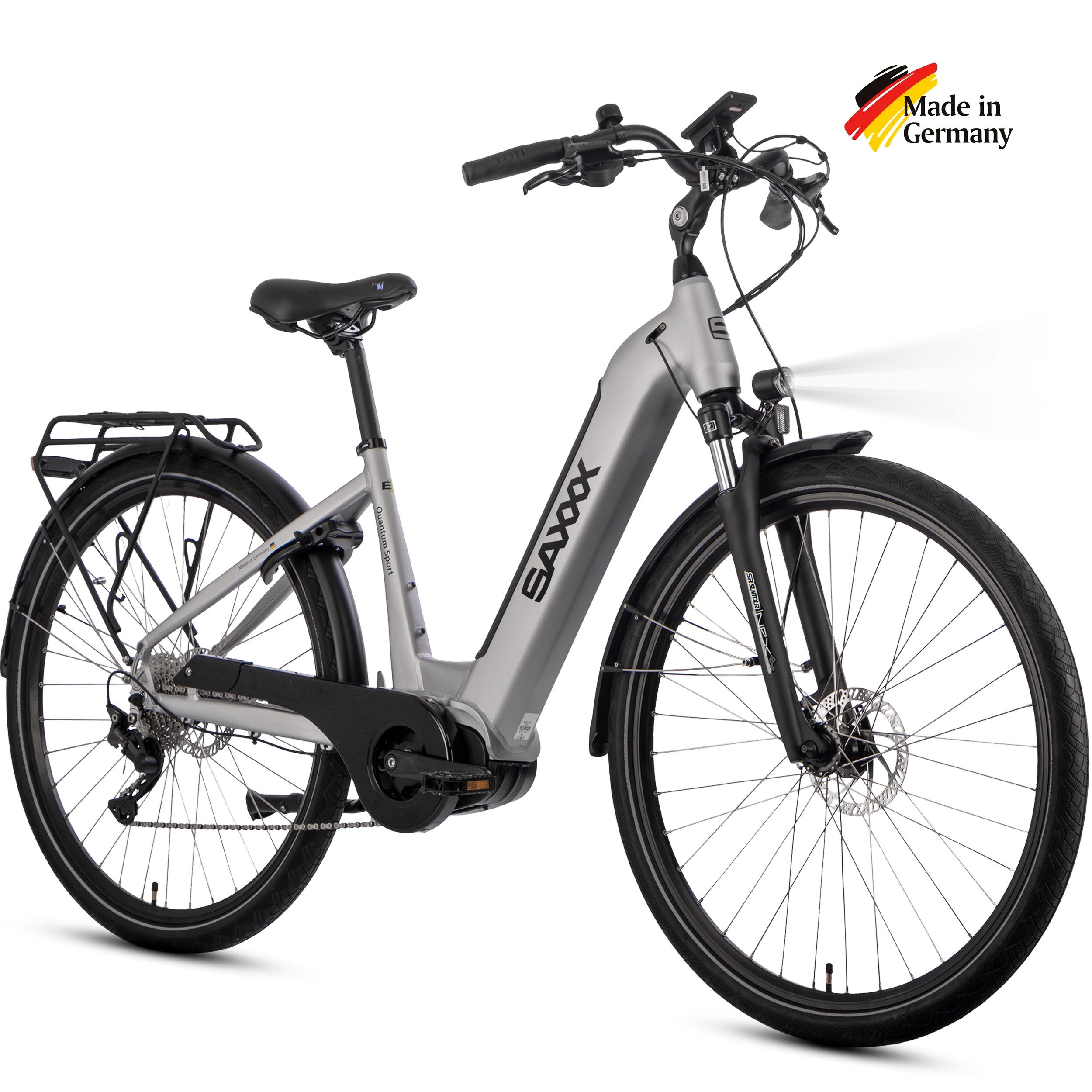 SAXXX E-Bike Trekkingrad Damen u. Herren 28'' SAXXX QSW, 540Wh, 60-100m, hydr. Scheibenbremsen, 10 Gang SHIMANO Deore Schaltwerk, Kettenschaltung, Mittelmotor, 540 Wh, (mit entnehmbarem Akku, mit Akku-Schlüssel, mit Gepäckträger), 25km/h, Pedelec E-Trekkingrad mit Tiefeinstieg, 130kg