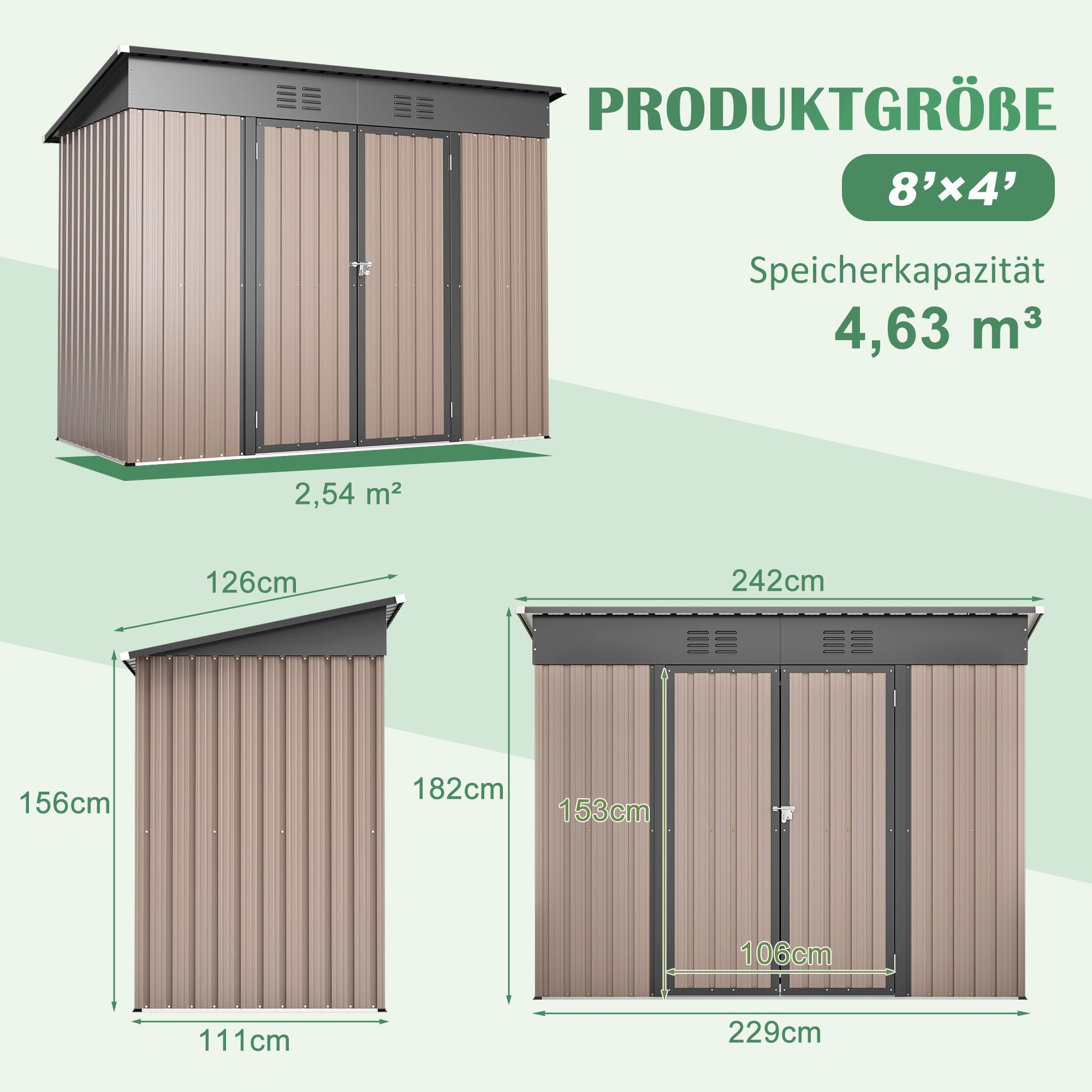 kowdom Gerätehaus Metall-Geräteschuppen 8x4 FT – Wetterfest, mit Fundament