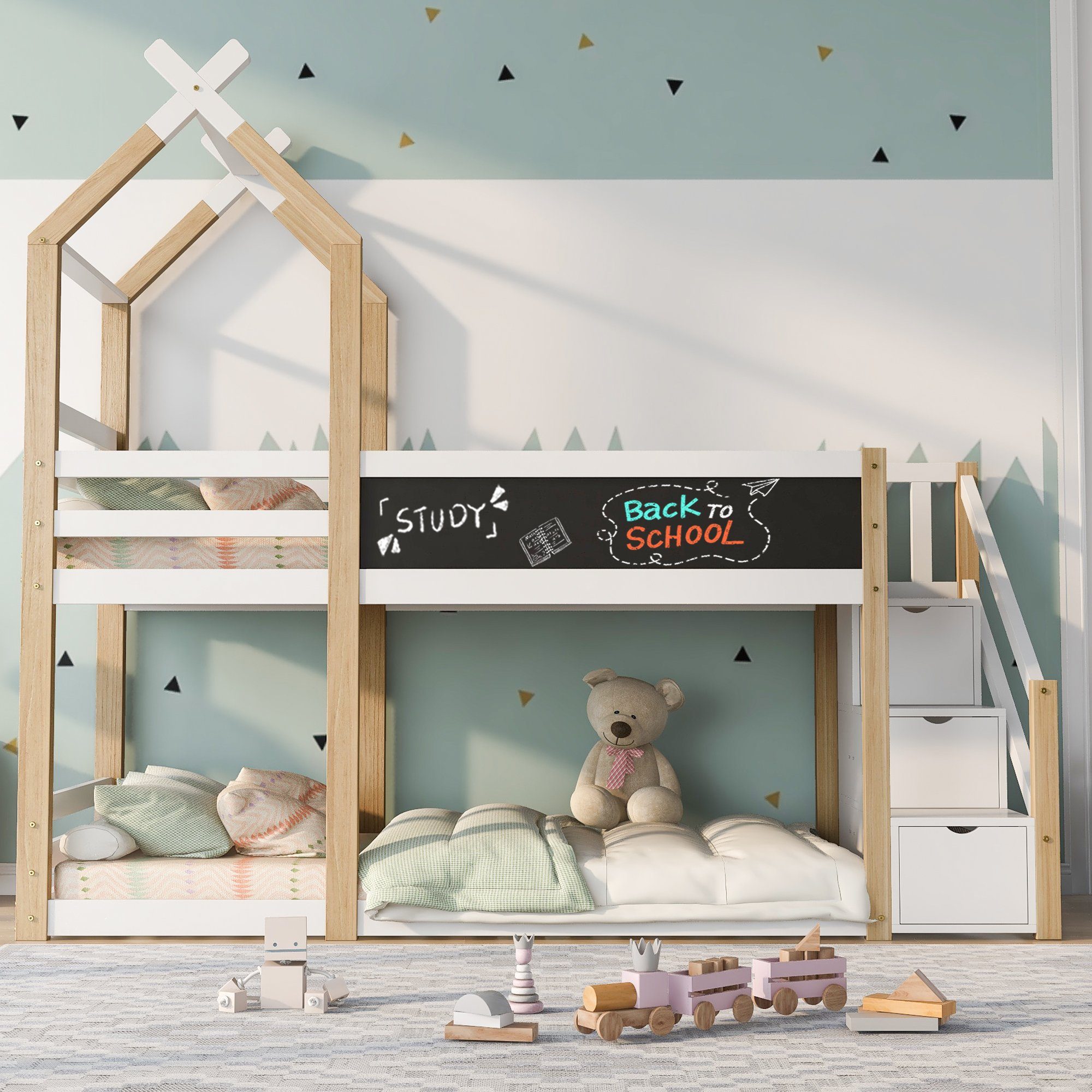 REDOM Etagenbett Kinderbett (mit Speicherung und Rausfallschutz), Hochbett für Kinder– 2x Lattenrost- Natur & Weiß(ohne Matratze)
