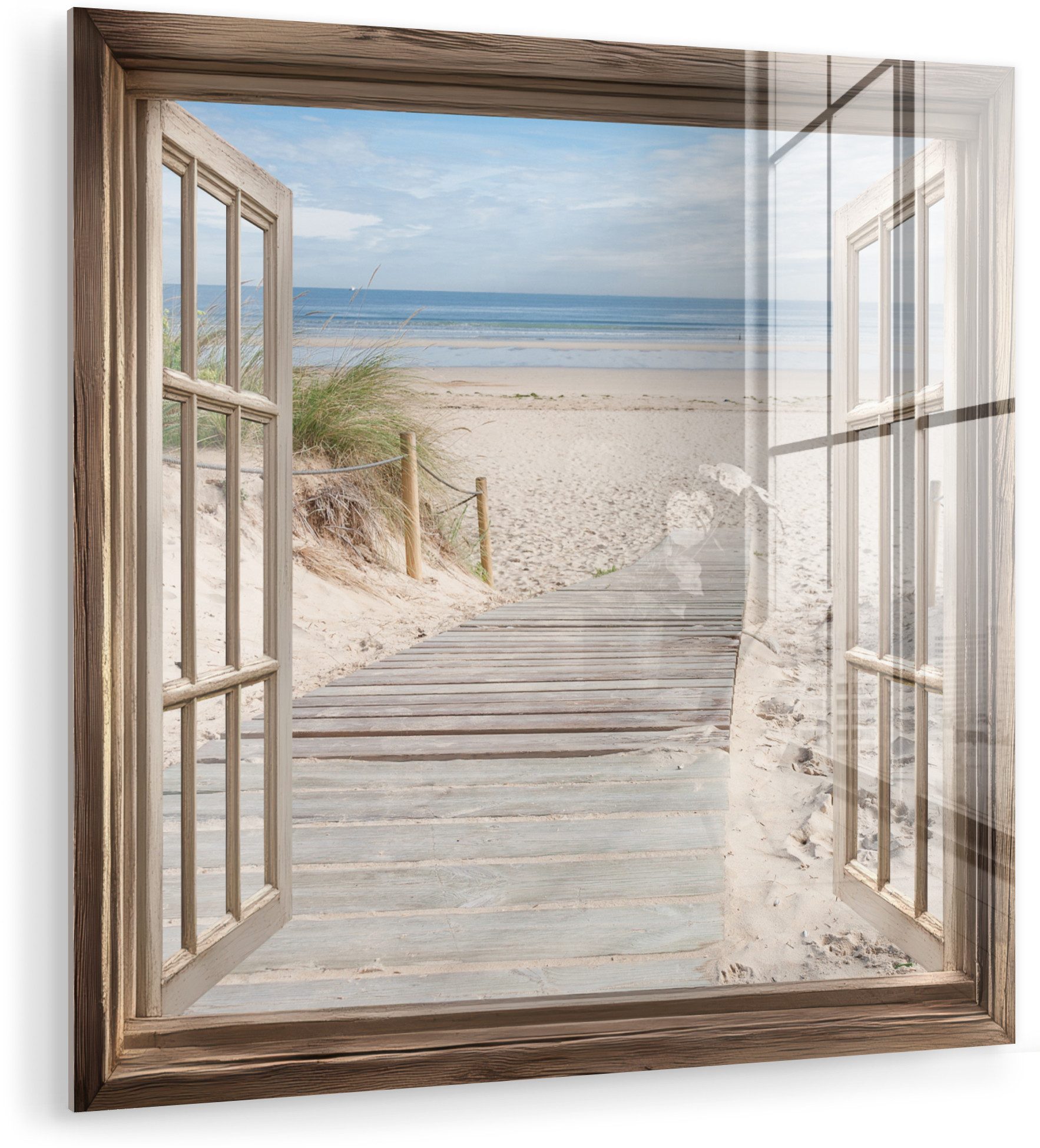 MuchoWow Acrylglasbild Durchblick - Strand - Dünen - Weg - Landschaft, Inkl. Aufhängung, Bilder auf Glas Wandbild, Wanddeko Wohnzimmer Badezimmer, 20x20 cm