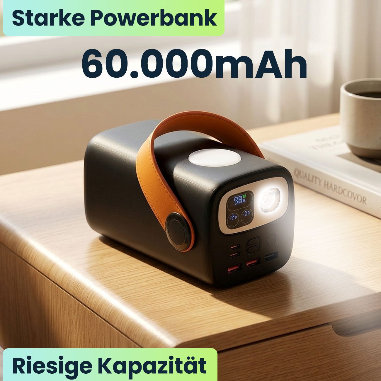 shop'n smile ideoon 100W Powerbank 60000 mAh mit LED-Lampe, Laptop Schnellladegerät Powerbank (Input (USB-C): 5 V DC bis 3 A / 15 Watt 9 V DC bis 3 A / 27 Watt 12 V DC bis 3 A / 36 Watt 15 V DC bis 3 A / 45 Watt 20 V DC bis 5 A / 100 Watt V), mit 100W USB-C PD, Display & 2 dimmbaren LED-Leuchten, Outdoor