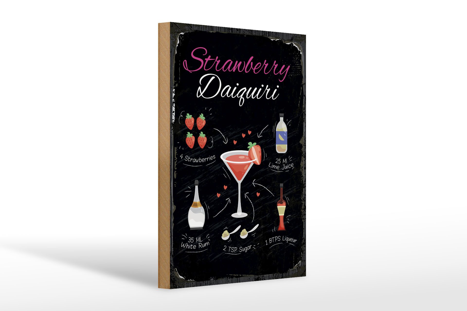 Holzbild Rezept Strawberry Daiquiri Cocktail 20x30cm