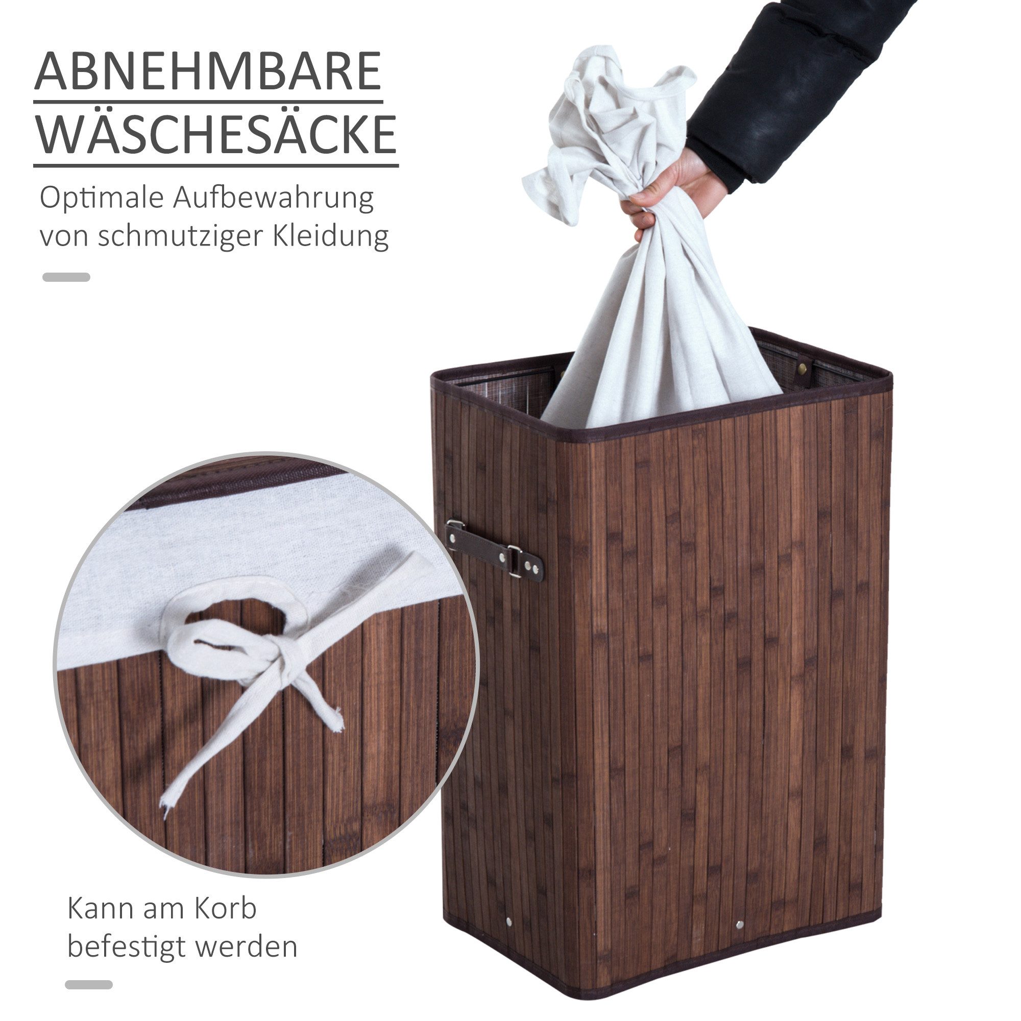 HOMCOM Wäschekorb schmal Wäschesammler mit Griff, für Schlafzimmer & Bad, Schwarz (Wäschekorb, 1 St., Wäschebox), Bambus, faltbar, 72L, Dunkelbraun, 40 x 30 x 6 – Bild 5 von 5