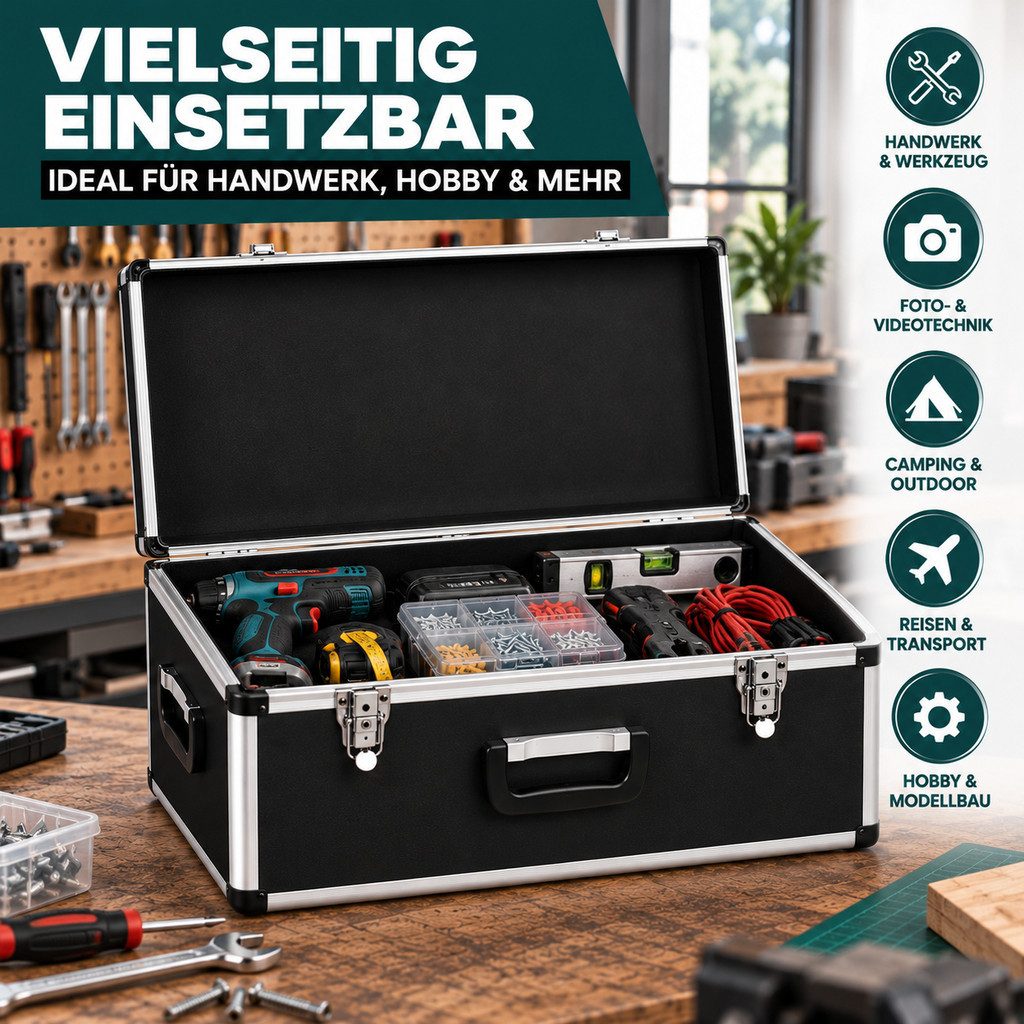 KreLeo Werkzeugkoffer Transportkoffer mit Aluminiumrahmen, Schwarz 27 Liter – Bild 4 von 4