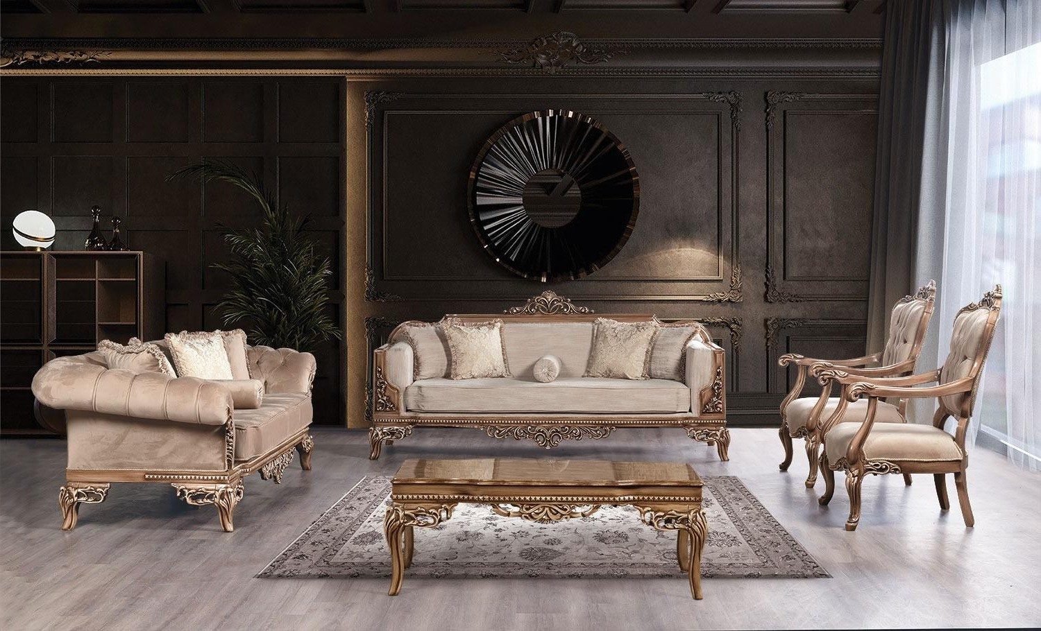 Xlmoebel Polstergarnitur XLMOEBEL Barock Sofa Set in Beige mit goldfarbenem Couchtisch, (5-tlg), Made in Europa