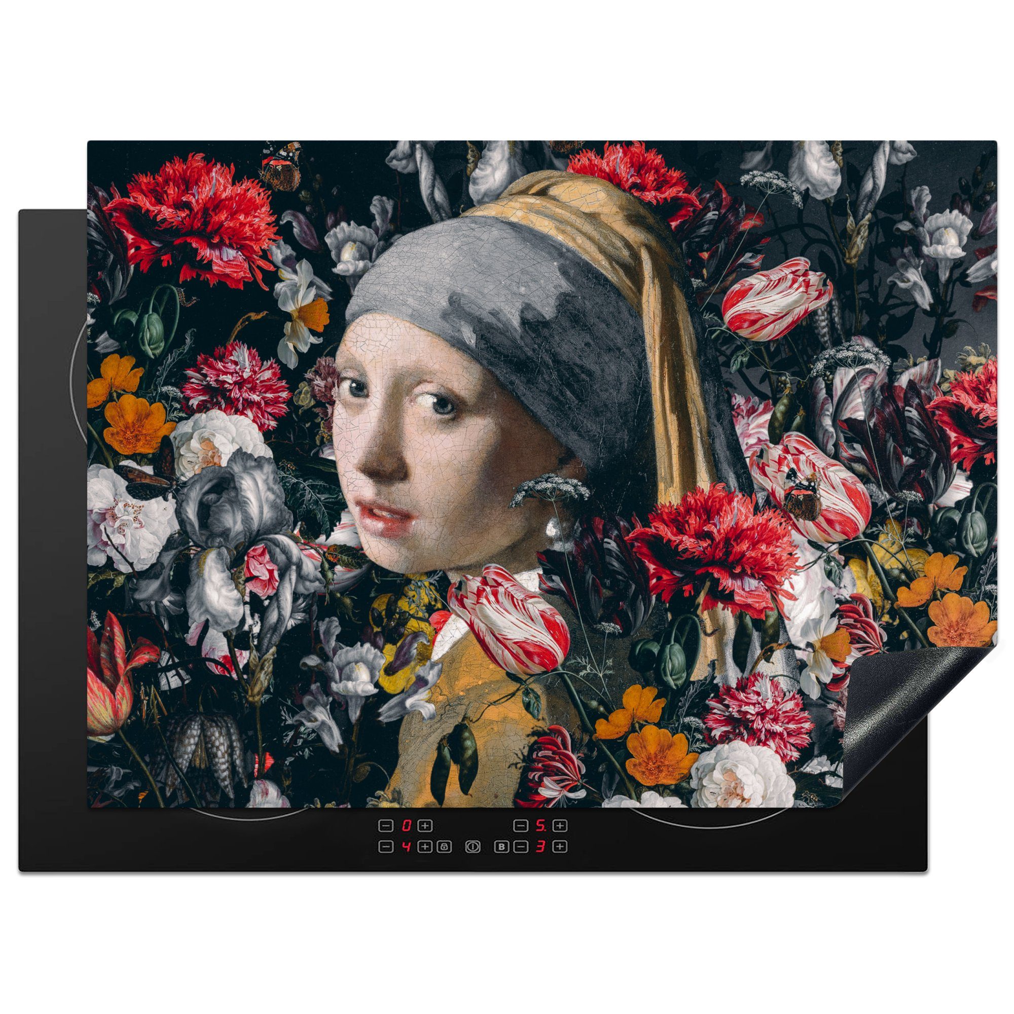 Johannes dem (1 küche, Mädchen Schutz Herdblende-/Abdeckplatte MuchoWow Vermeer, Blumen cm, Vinyl, Induktionskochfeld die Perlenohrring Das für mit Ceranfeldabdeckung 71x52 - - tlg),