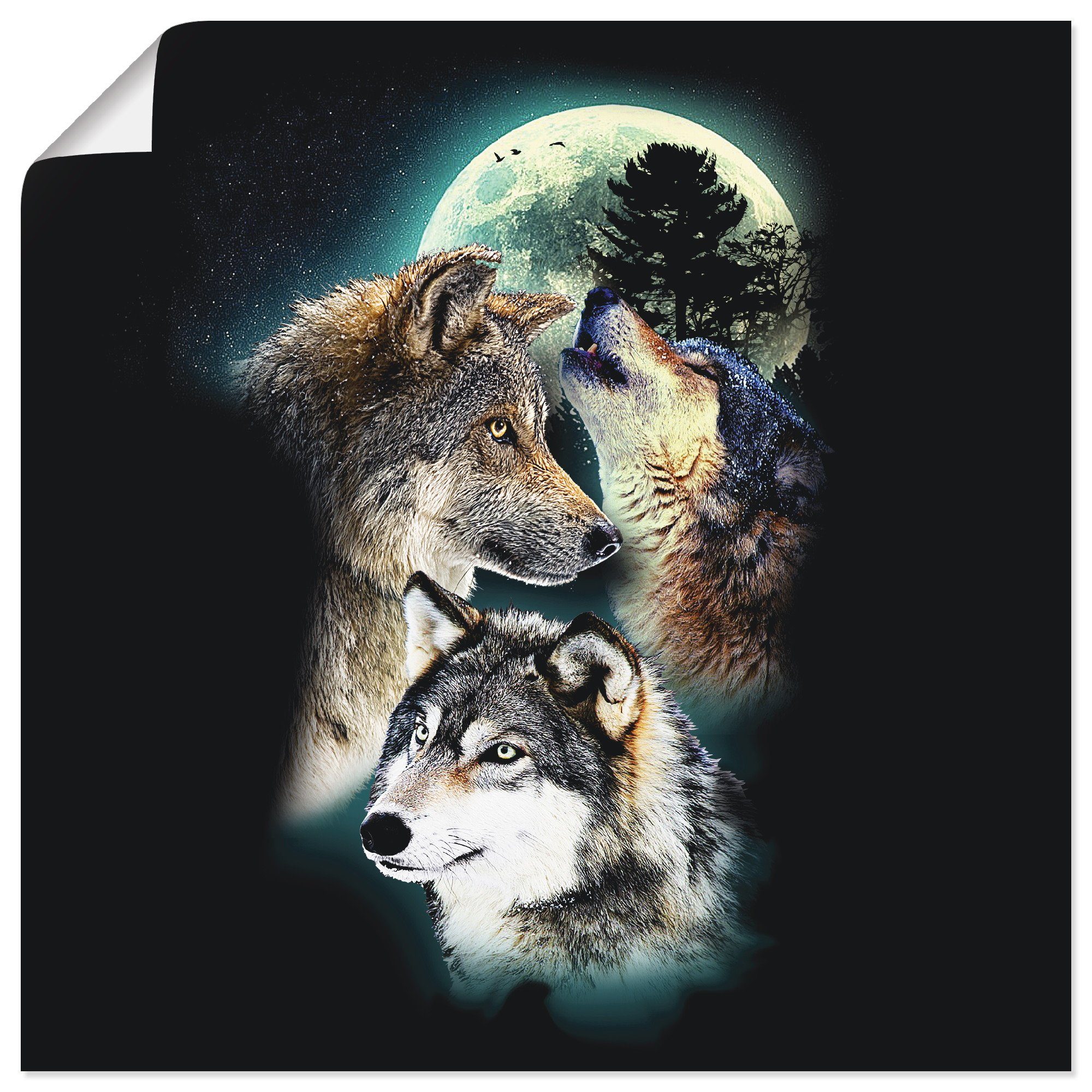 Artland Wandbild Phantasie Wolf Wölfe mit Mond, Wildtiere (1 St), als Leinwandbild, Poster, Wandaufkleber in verschied. Größen