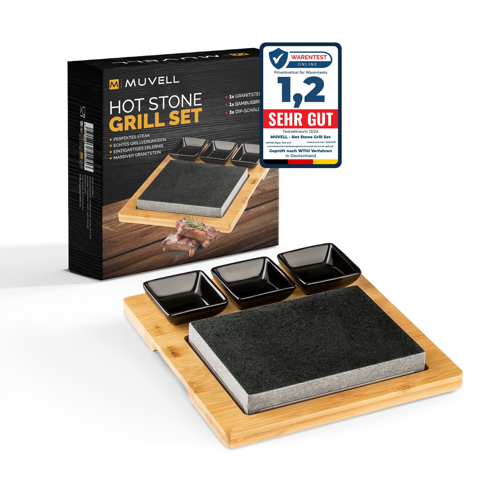 MUVELL Лавовые породы Hot Stone Steak Heißer Stein Grill mit Dipschale, (5 St), 3 Beilagen Dipschalen