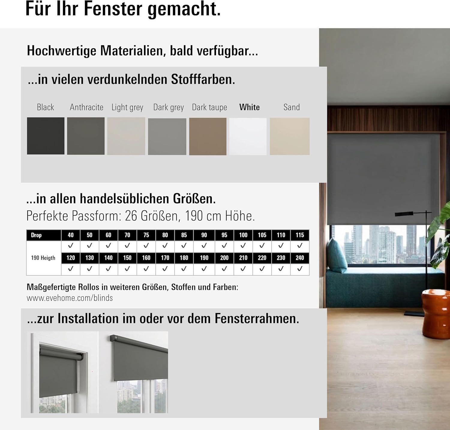 Elektro-Rollo Smartes elektrisches Innen-Rollo - Eve Motionblinds (Matter), EVE, verdunkelnd, Wandmontage, Wandmontage, App-/Sprachsteuerung, Zeitpläne, verdunk – Bild 4 von 5