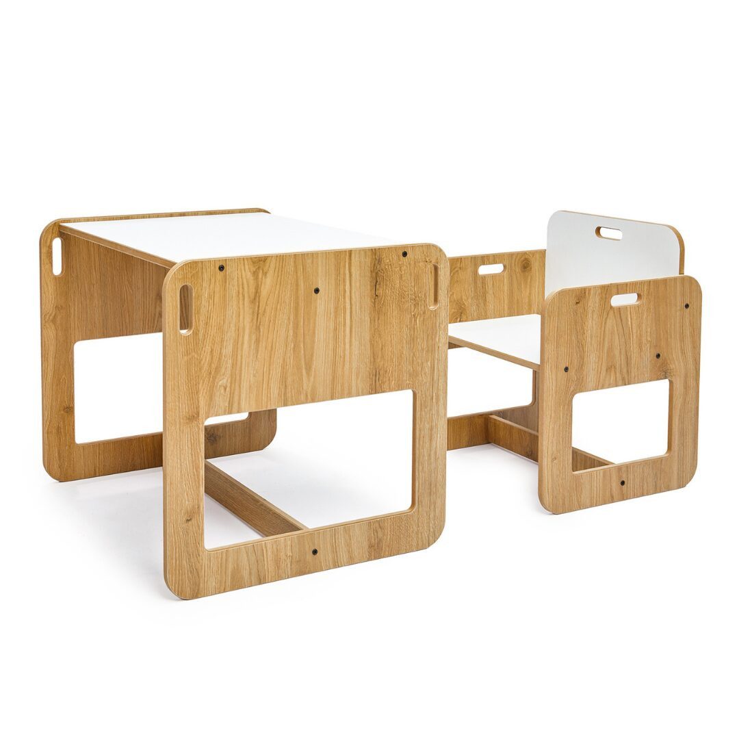 COZYCOLLECTIONS Kindersitzgruppe Montessori Kindertisch-Set: Tisch + Stuhl, Naturholz/Weiß, (Kindertischgruppe / Sitzgruppe (2-teilig), 3-tlg., 1 Tisch + 1 Stuhl), Montessori: ergonomisch, pflegeleicht, mit Griffmulden (2–4)