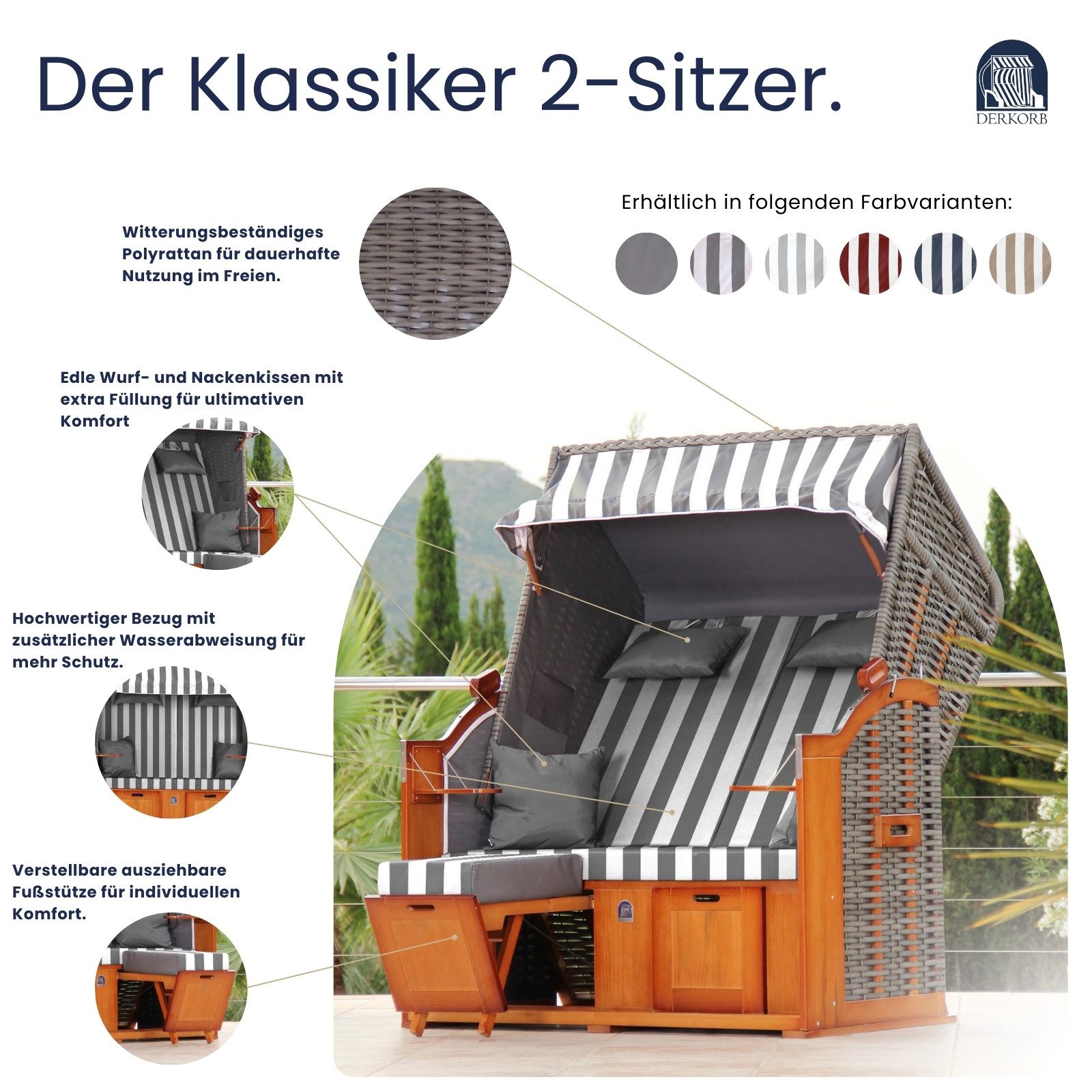 DERKORB Strandkorb Der Klassiker 2 Sitzer, Grau Weiß Blockstreifen, BxTxH: 137x78x166 cm, Volllieger, Ostsee-Modell DER KLASSIKER, 2-Sitzer, inkl. Wurf und Nackenkissen und montierten Strandkorbrollen