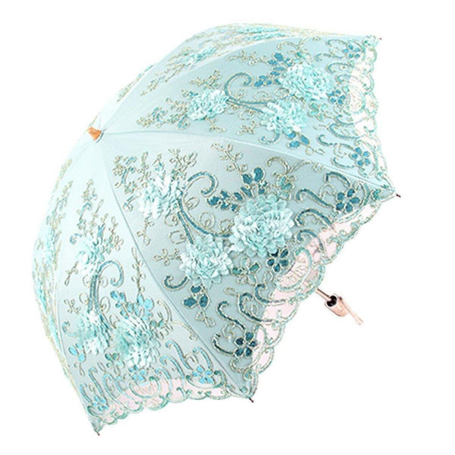 LuxusKollektion Taschenregenschirm Sonnenschirm Faltbar Blumenstickerei Blau
