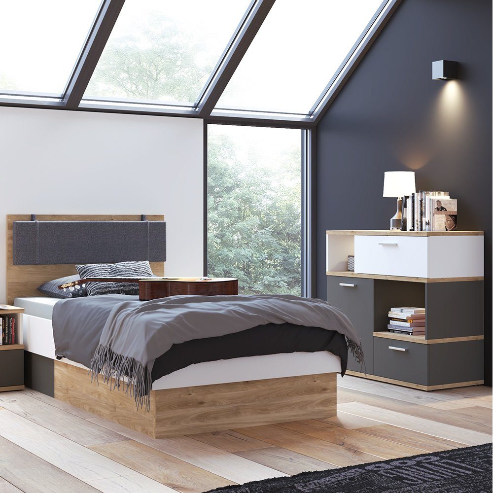Lomadox Jugendzimmer-Set TOMAR-129, (Sparset, 2-tlg), mit 90x200cm Bett, Sideboard mit Beleuchtung, Eiche mit weiß und grau