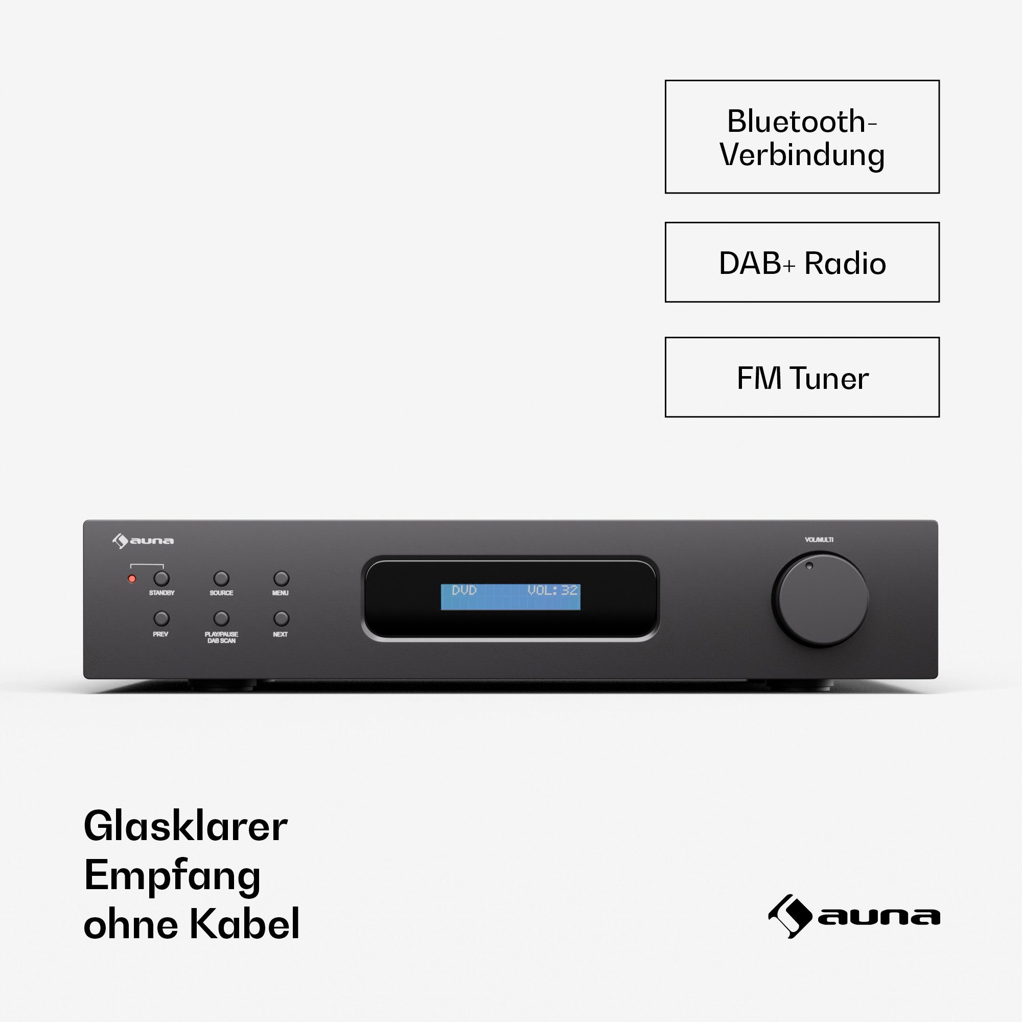 Auna auna Art22 Amplifier DAB+ 2x100W BT black Audioverstärker (Anzahl Kanäle: 4-Kanal, DAB+ Bluetooth HiFi-Verstärker 120 W FM CD DVD Fernbedienung)