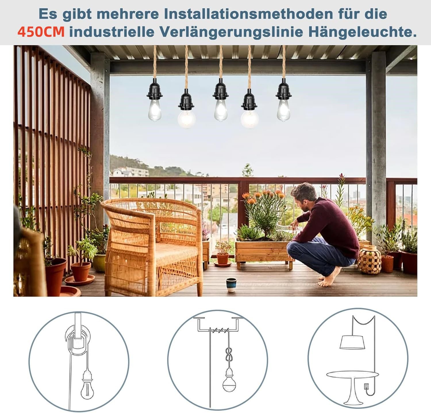 BlingBin Pendelleuchte Vintage Lampenkabel mit 4,5/8.8M gedrehten Hanfseil günstig online kaufen