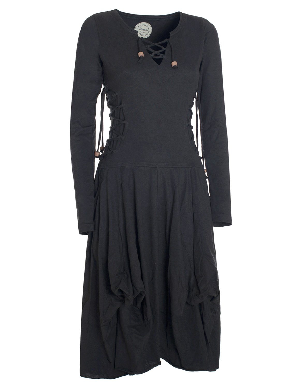 Midikleid Langes Langarm Bio Ballonkleid einfarbig mit Schnürung V-Ausschnitt