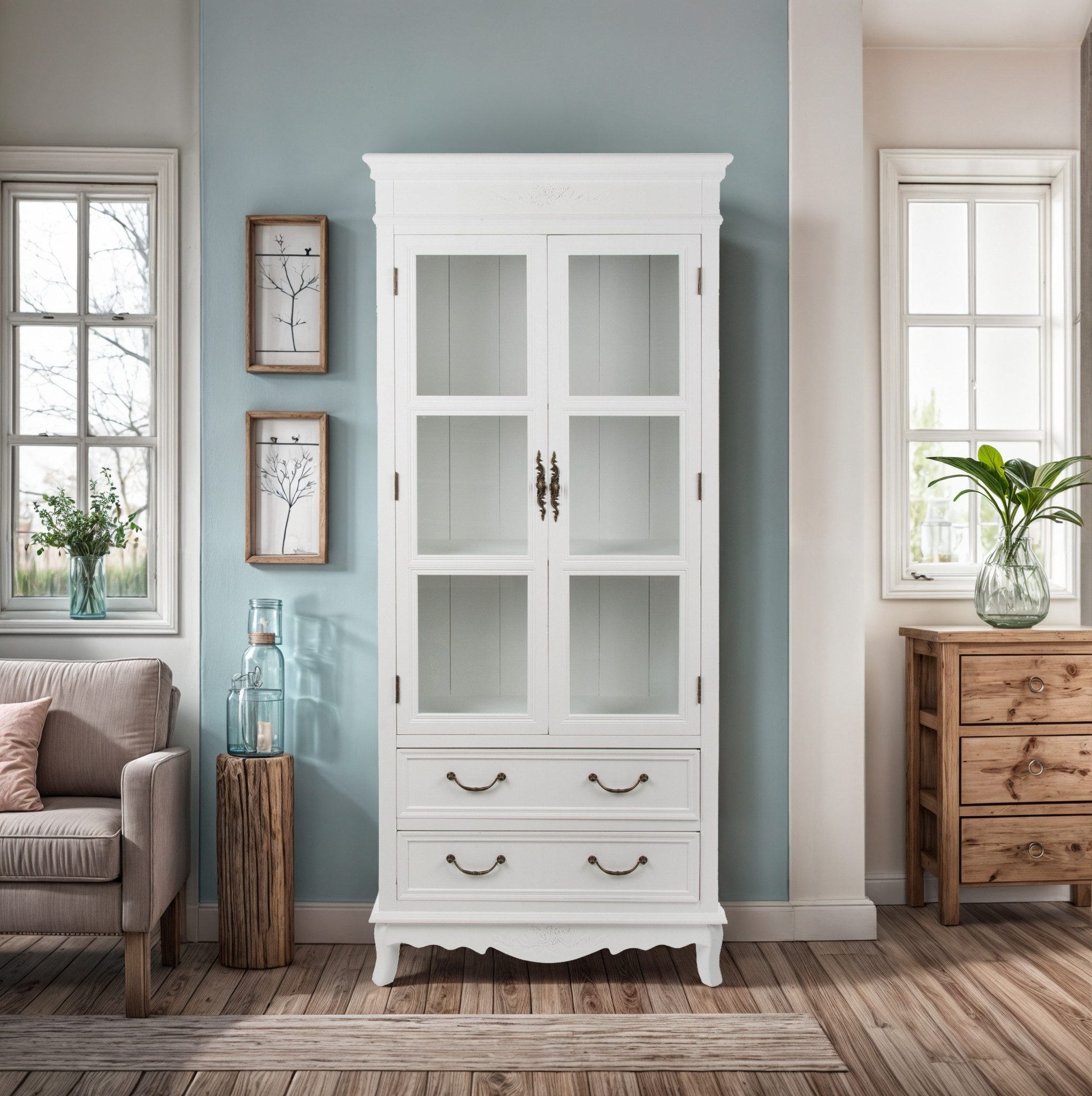 Wohnando Vitrine Großer Vitrinenschrank "Melody", Holz, 31x70x177 cm, Hochschrank, weiß mit 2 Glastüren, 2 Schubladen, Shabby, Wohnzimmer, Hochschrank