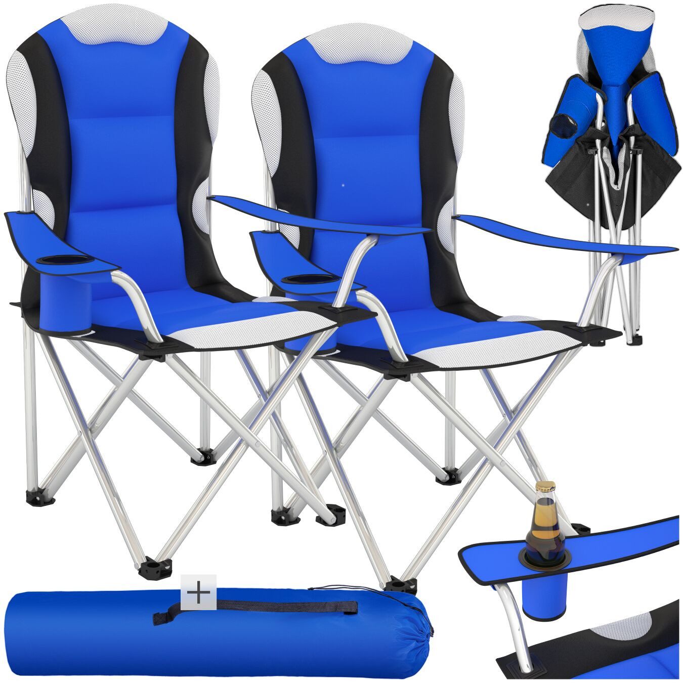 tectake Campingstuhl (Outdoor Balkonstuhl für Außen in Blau, 2 St), gepolstert, mit Getränkehalter, geringes Gewicht, inkl. Tragetasche