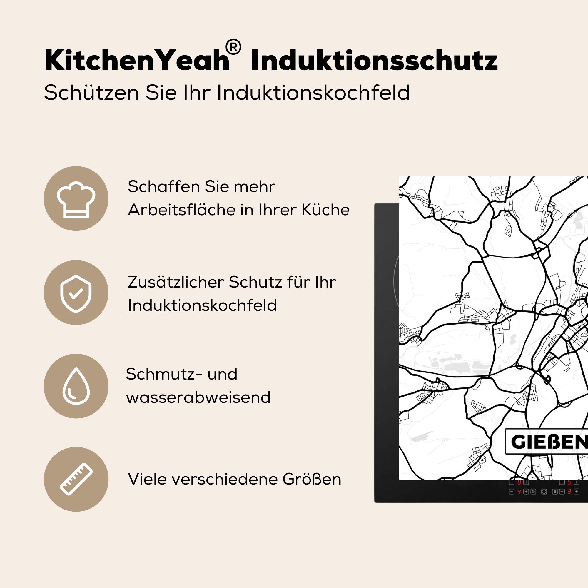 küche tlg), 78x78 Ceranfeldabdeckung, Stadtplan, cm, (1 MuchoWow - Gießen Vinyl, - für Arbeitsplatte Karte Herdblende-/Abdeckplatte