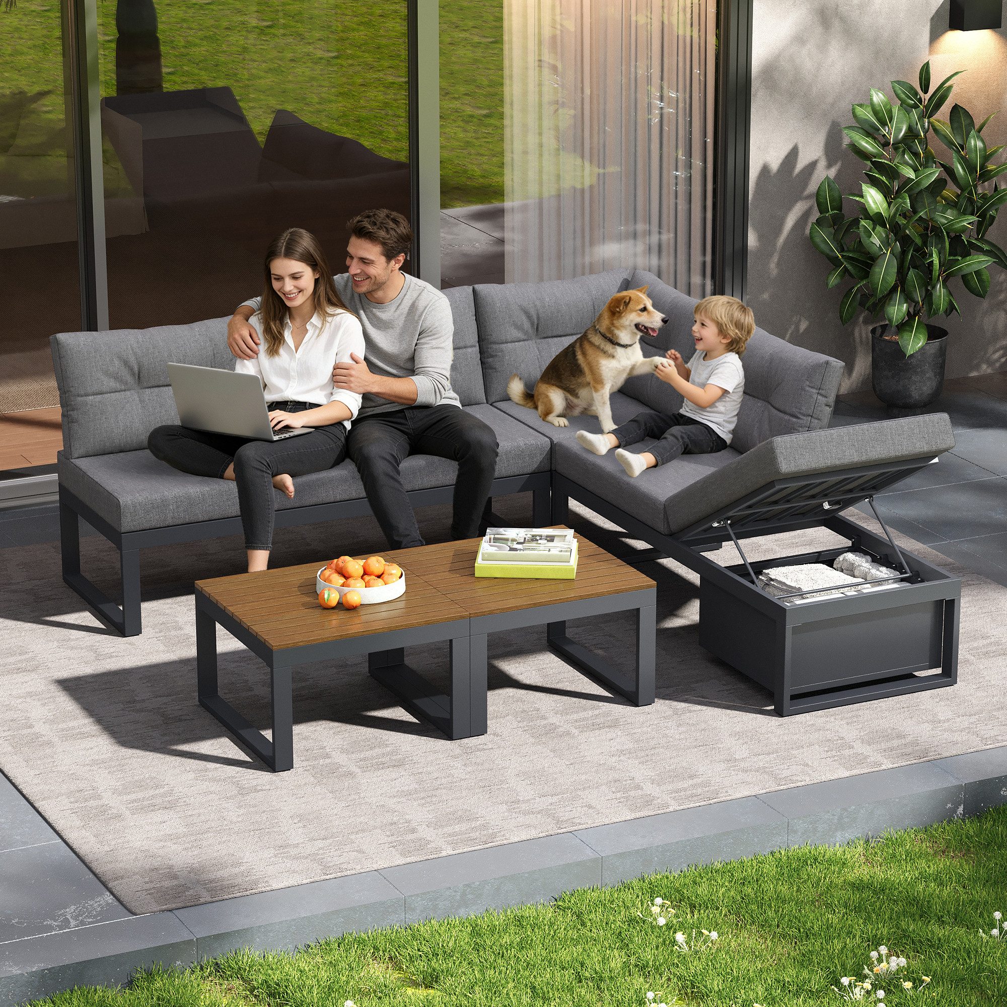 i@home Gartenlounge-Set Gartenmöbelset, mit 3-stufig verstellbarer Liegefunktion, Stauraum, dunkelgrau