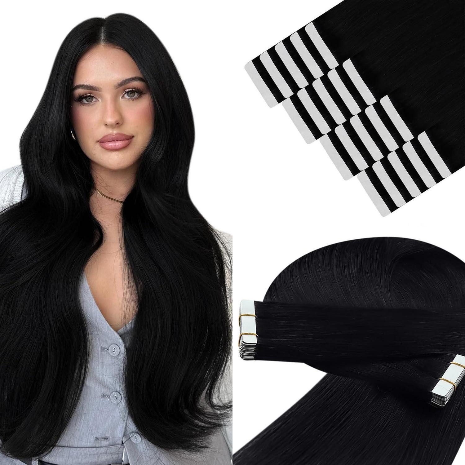 Echthaar-Extension Tape Extensions Echthaar Schwarz Remy 40 cm 50g 40 cm 2-#1