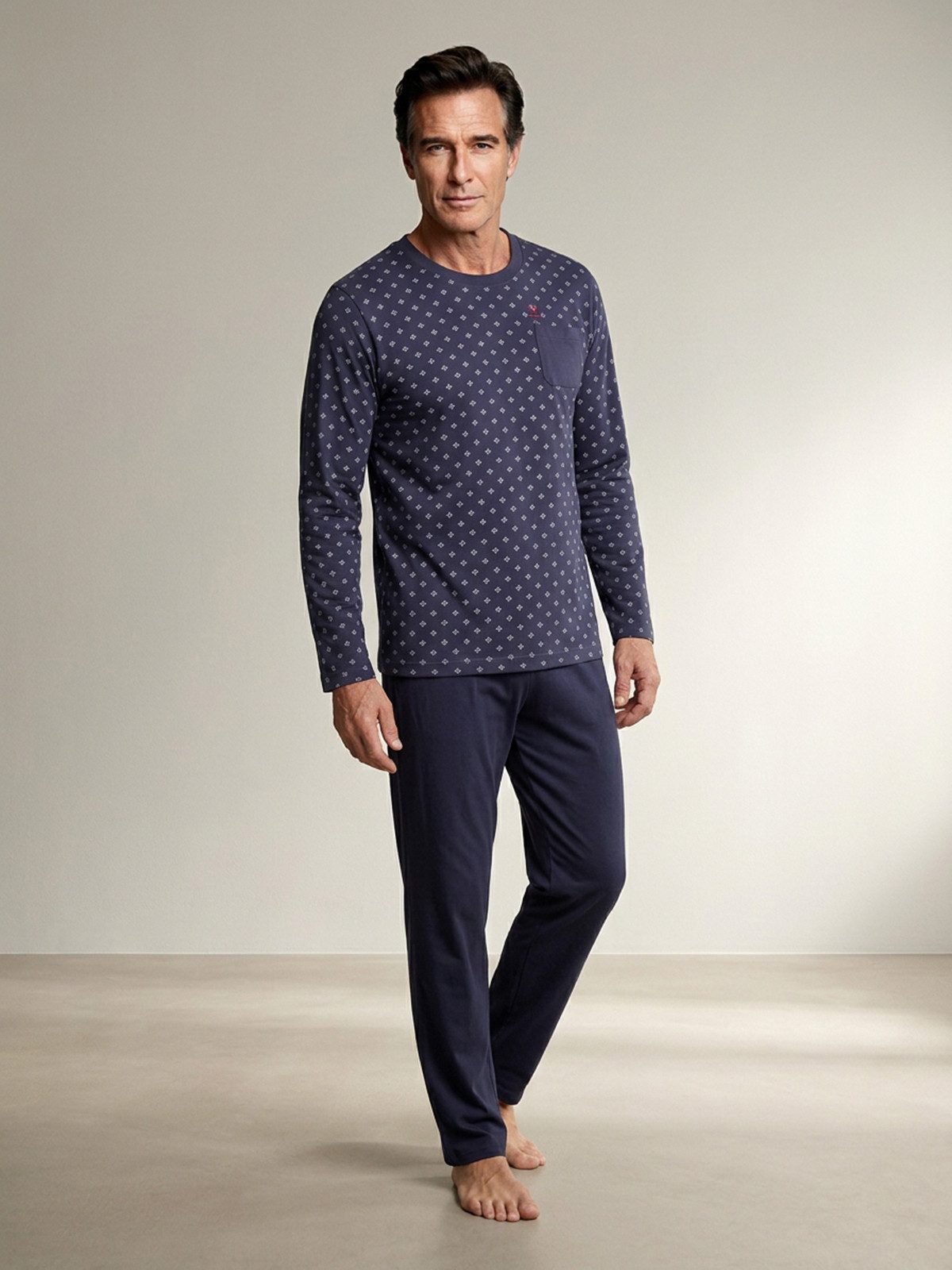 Henry Terre Pyjama Carlo Langarm - Hose Uni Shirt mit Print ohne Knöpfe